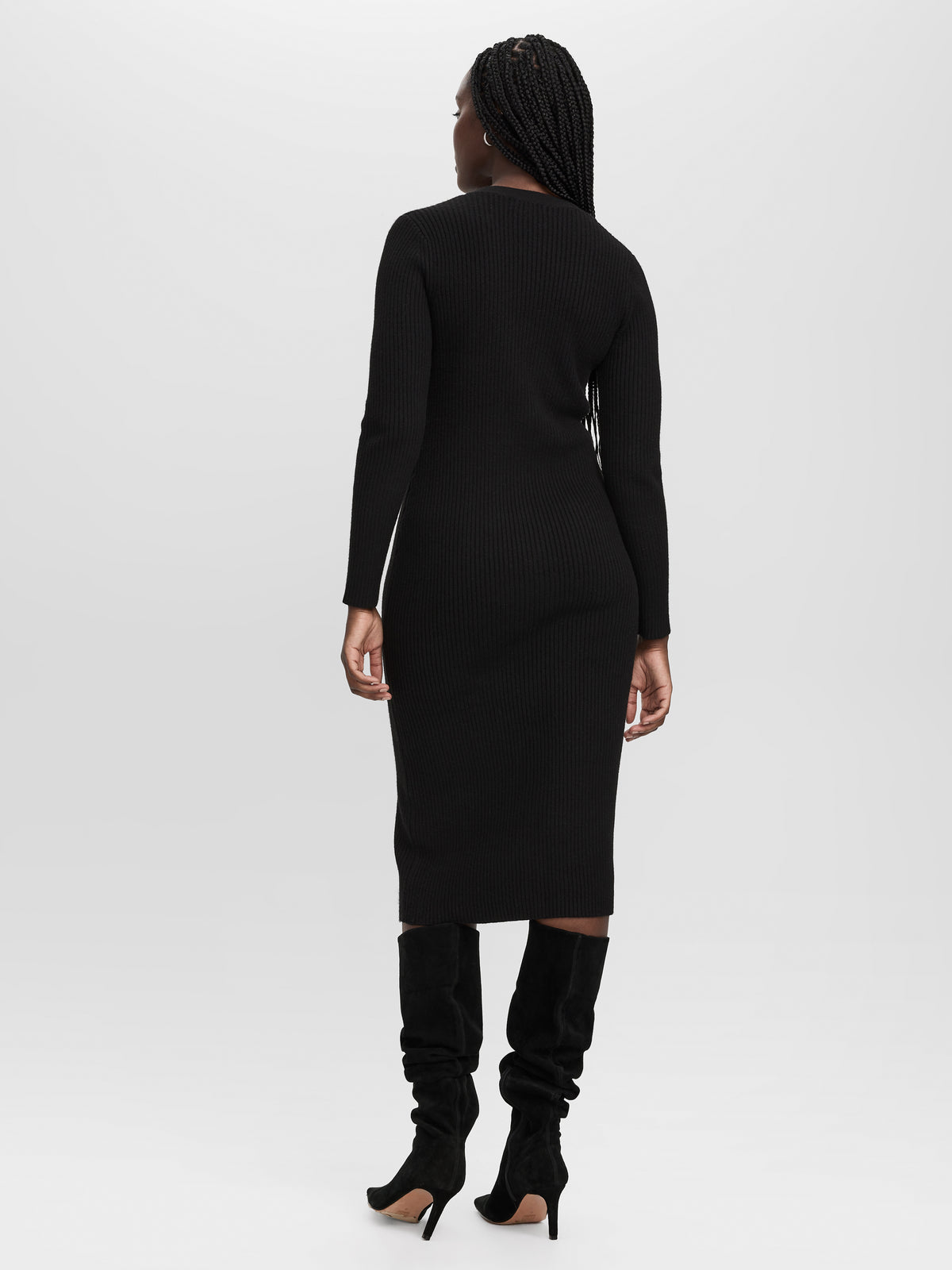 Long-Sleeve V-Neck Buttoned-Down Midi Dress
