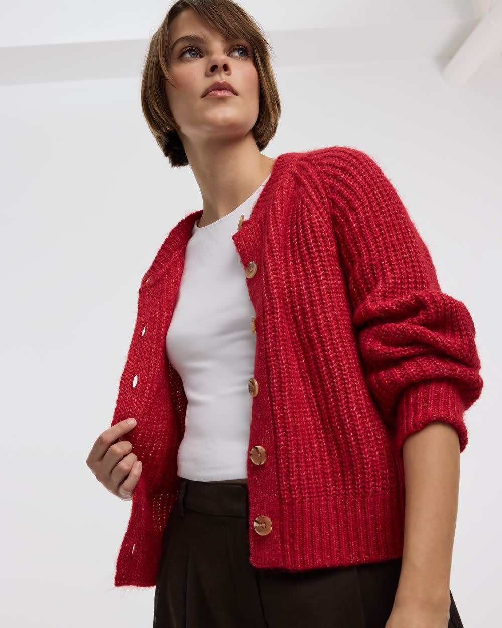 Long-Balloon-Sleeve Crew-Neck Cardigan