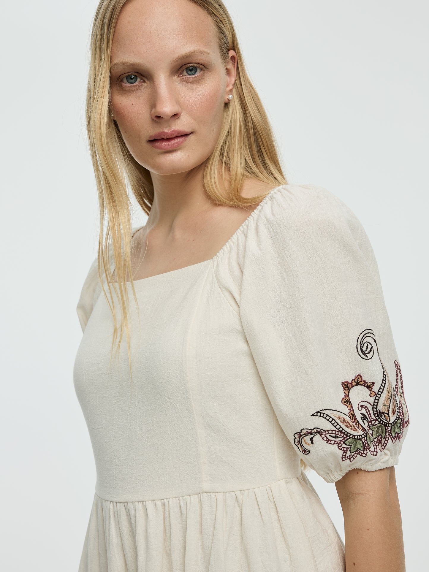Short-Sleeve Fit-and-Flare Dress with Square Neckline