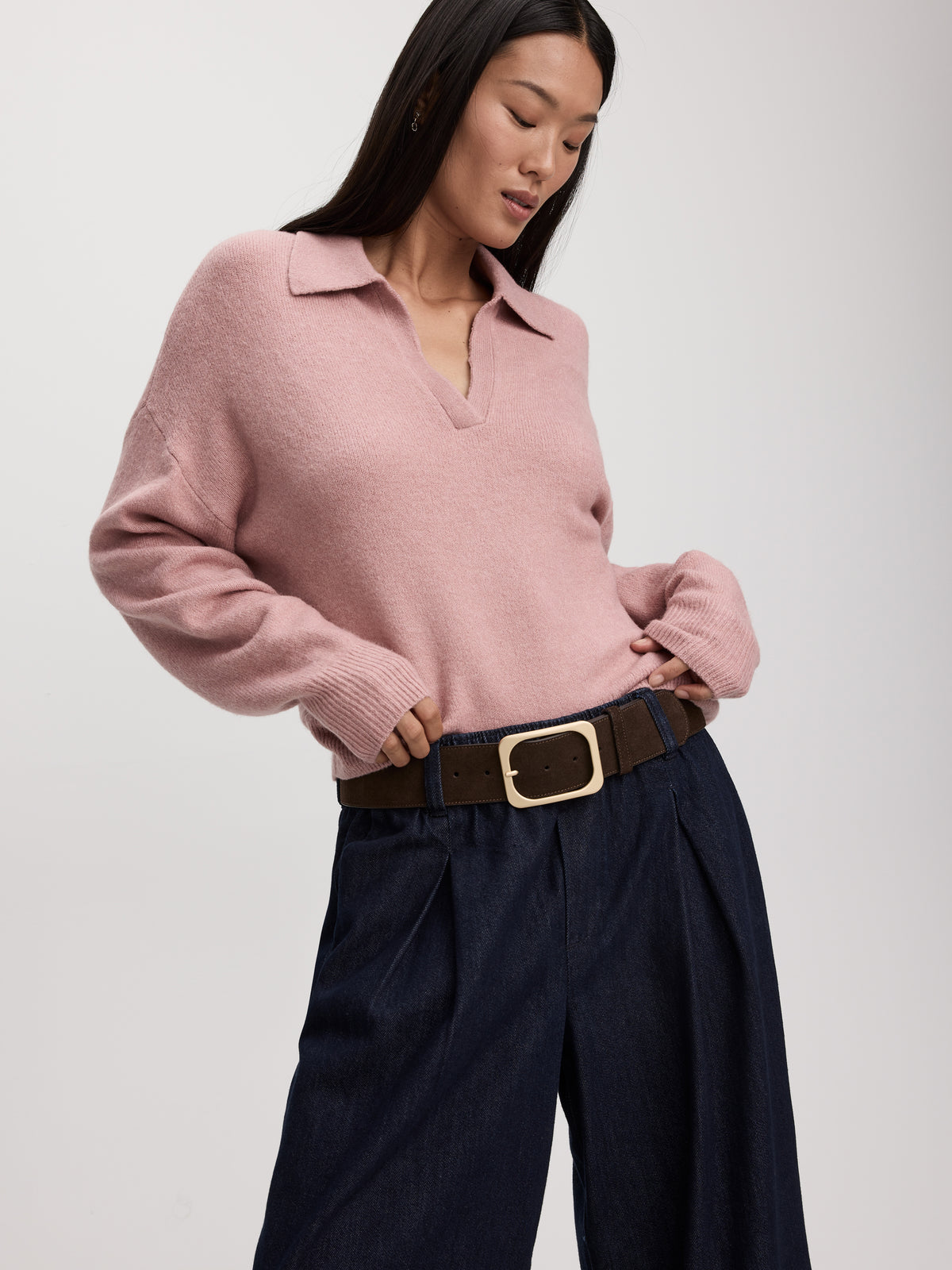 Long-Sleeve Boxy Sweater with Johnny Collar