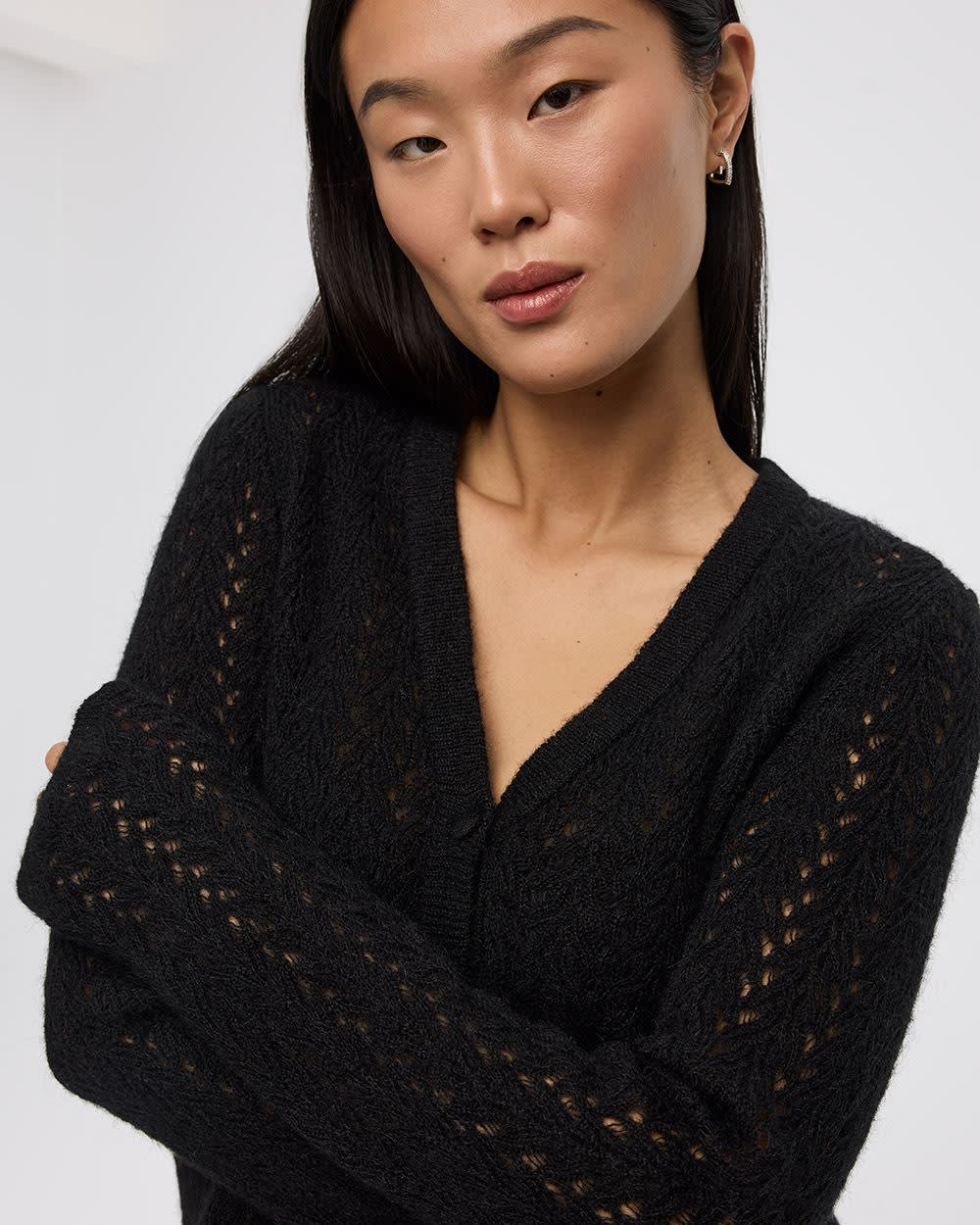 Long-Sleeve V-Neck Fancy-Stitch Cardigan