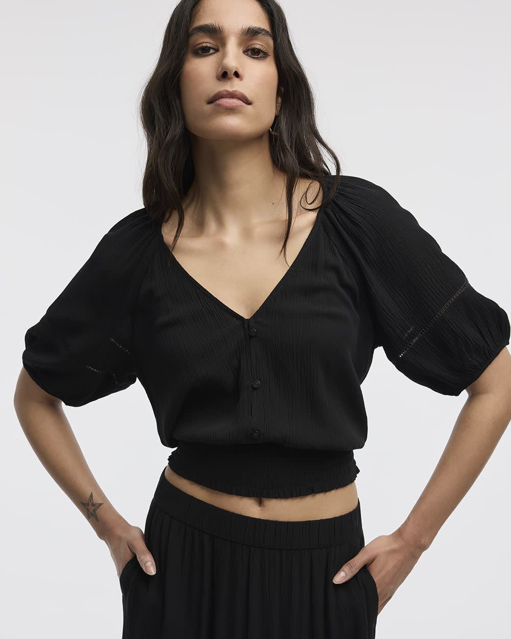 Short-Puffy-Sleeve Top with V Neckline