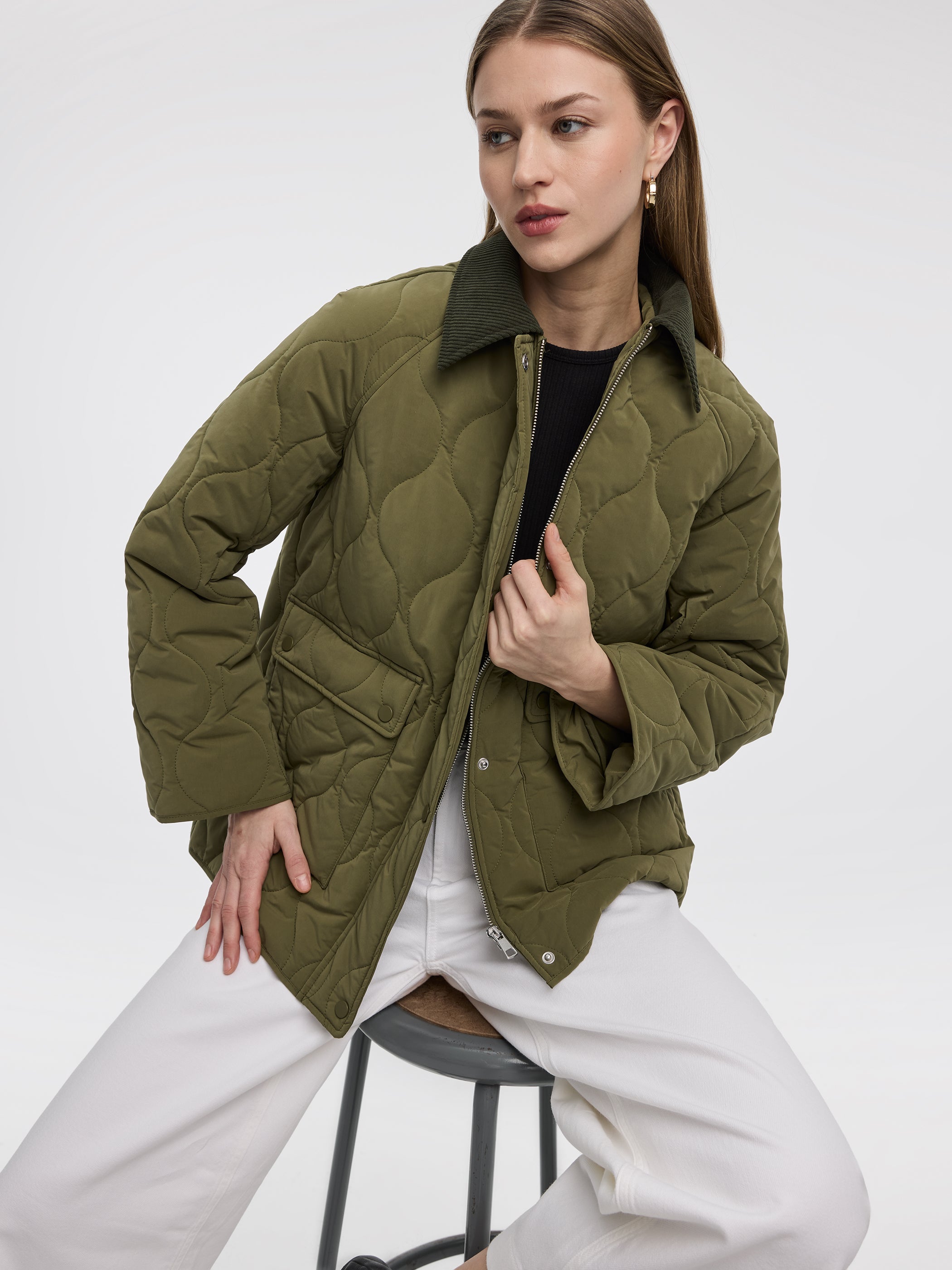 Quilted Jacket with Corduroy Collar