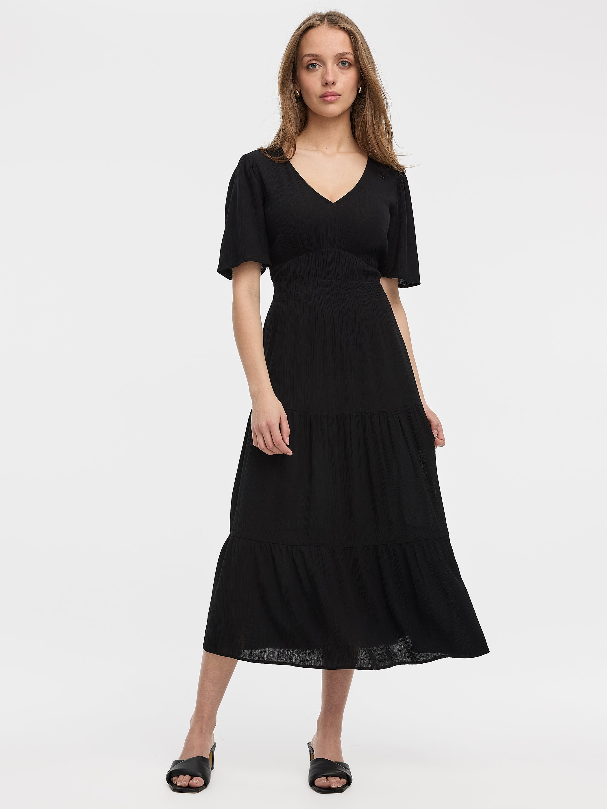 Short-Flutter-Sleeve V-Neck Tiered Midi Dress