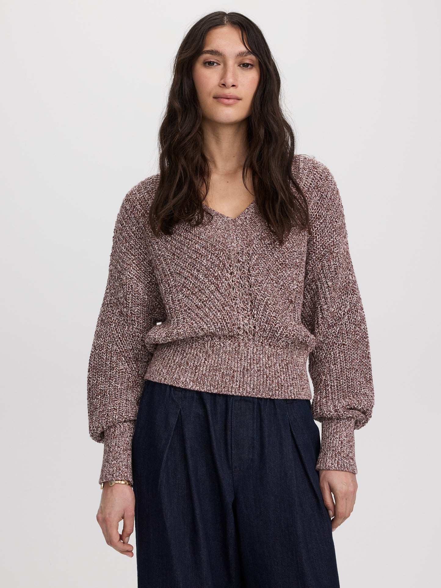 Long-Sleeve V-Neck Sweater with Half-Cardigan Stitches