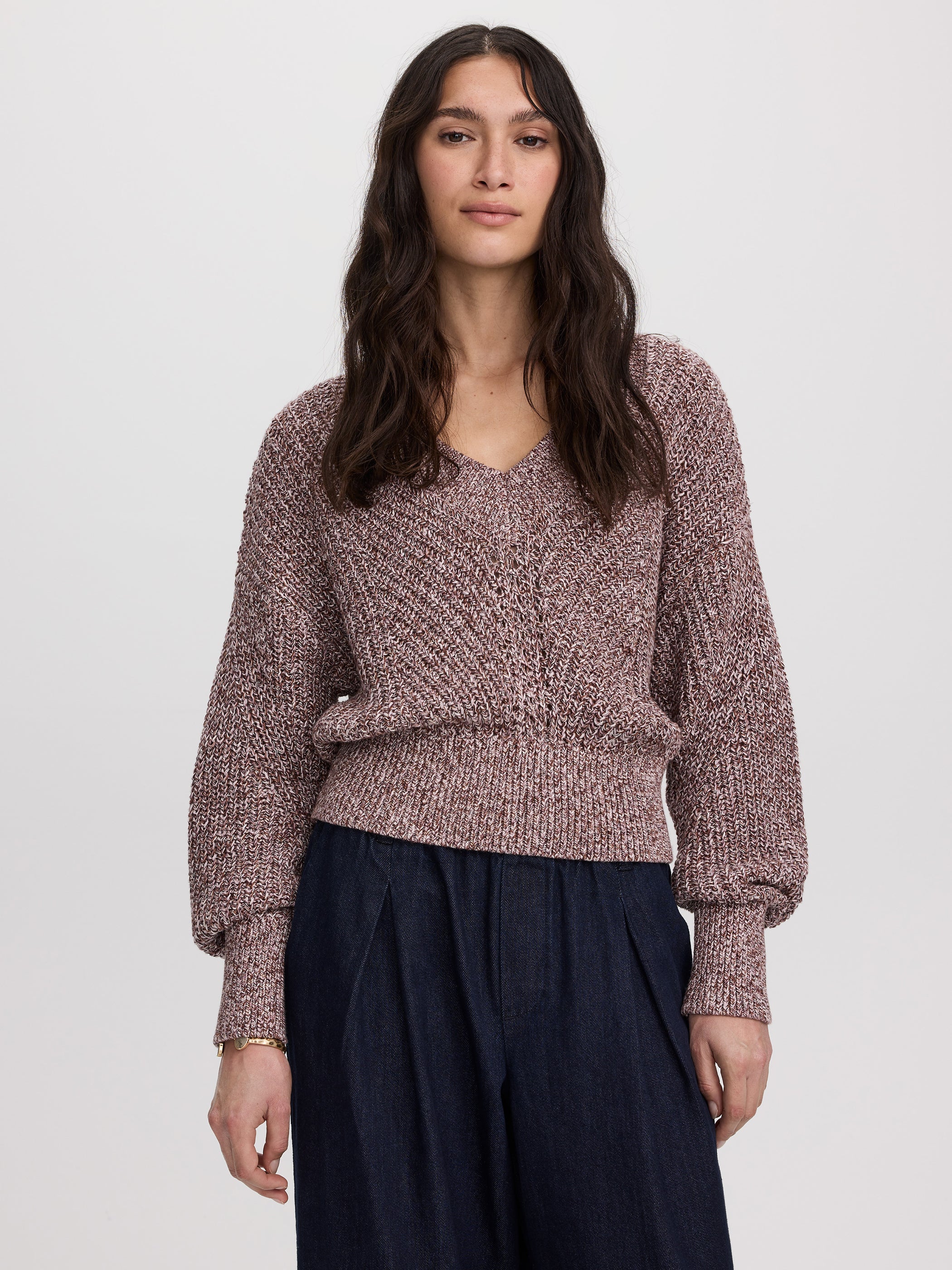 Long-Sleeve V-Neck Sweater with Half-Cardigan Stitches