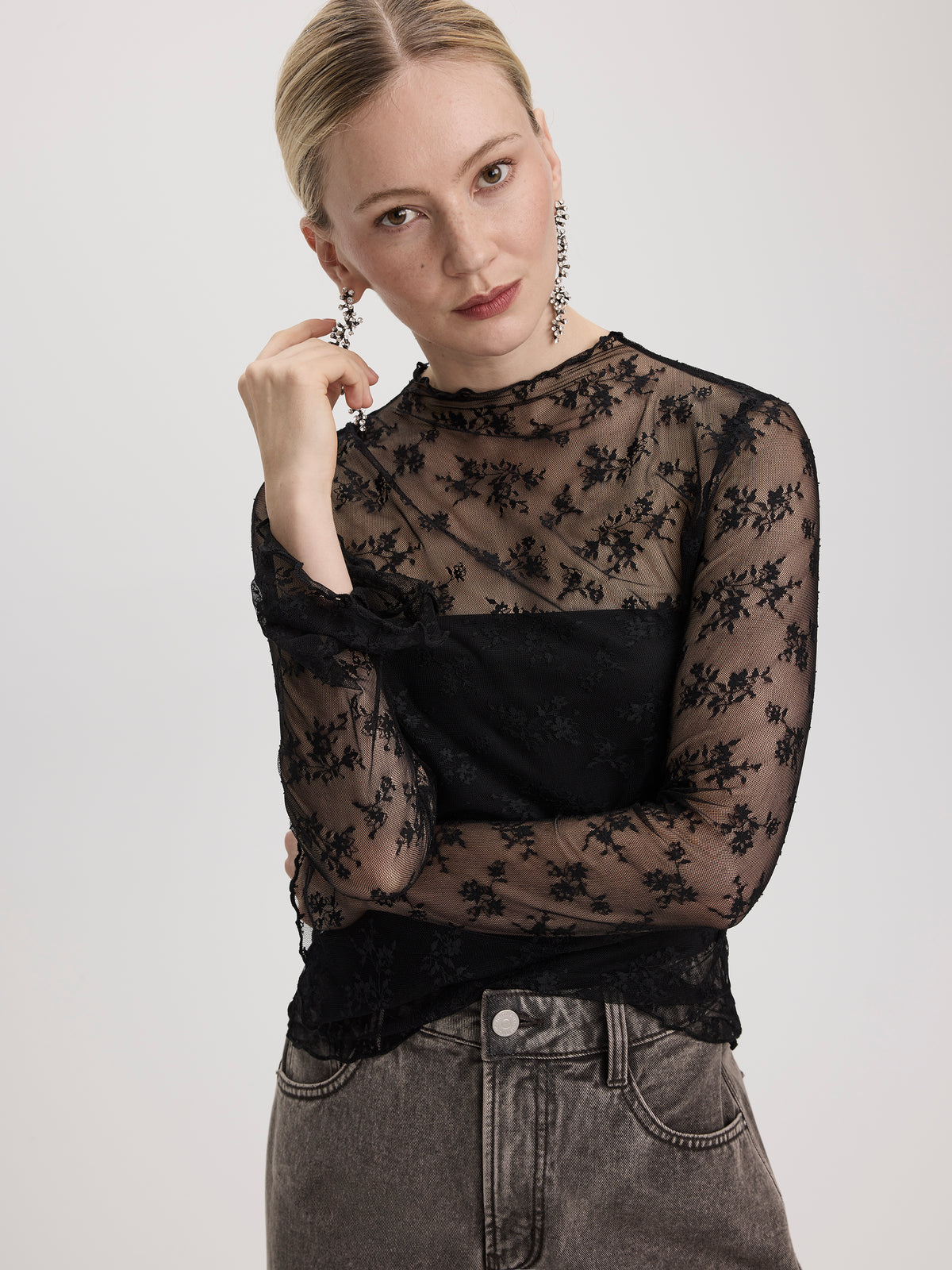 Long-Sleeve Mock-Neck Lace Top