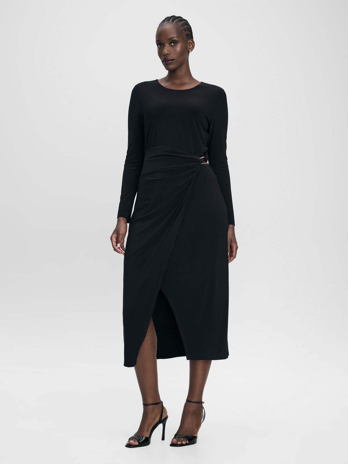 Long-Sleeve Bodycon Midi Dress with Wrap Skirt