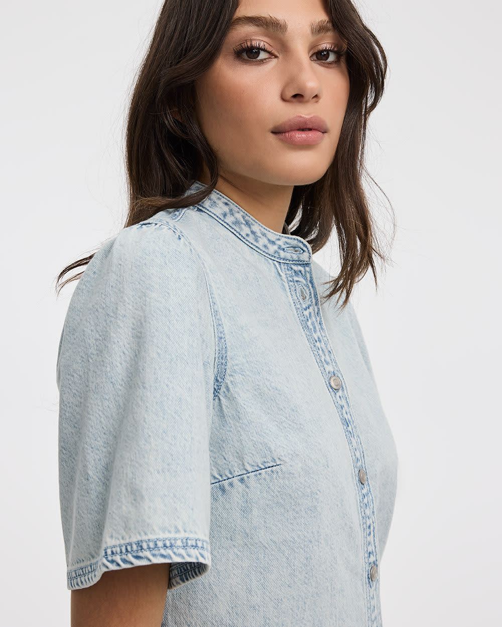 Crew-Neck Denim Shirt with Short Flutter Sleeves