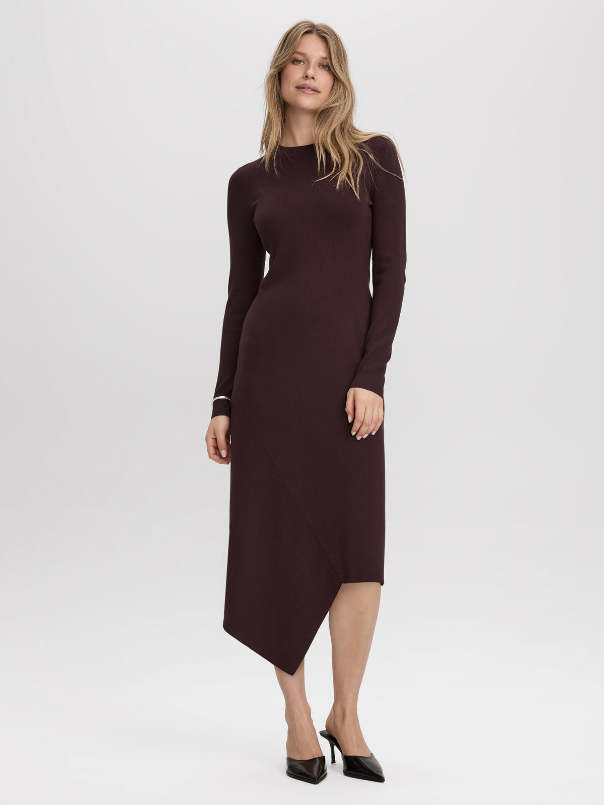 Long-Sleeve Bodycon Midi Dress with Asymmetrical Hem