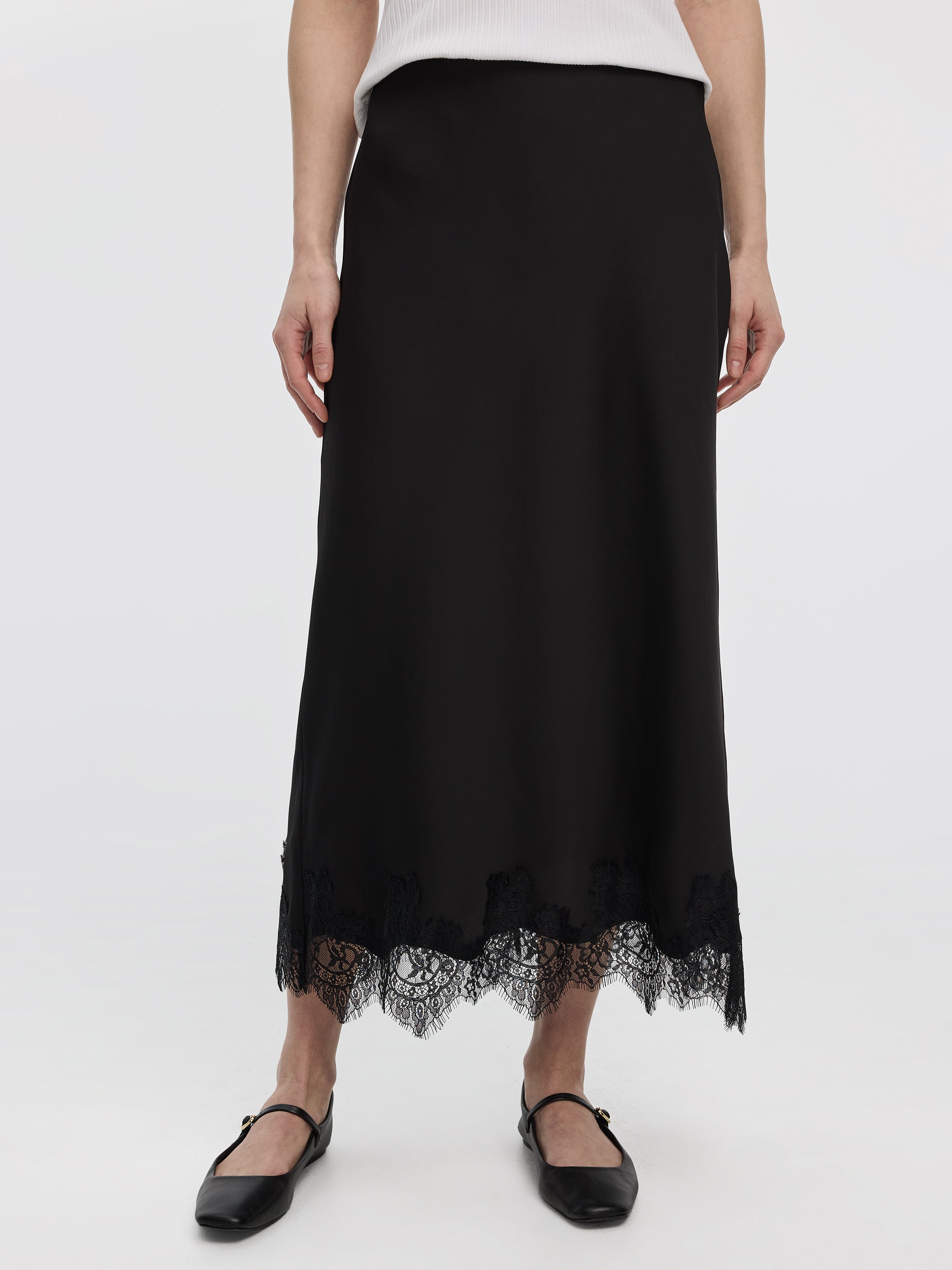 Satin A-Line Midi Skirt with Lace Trim