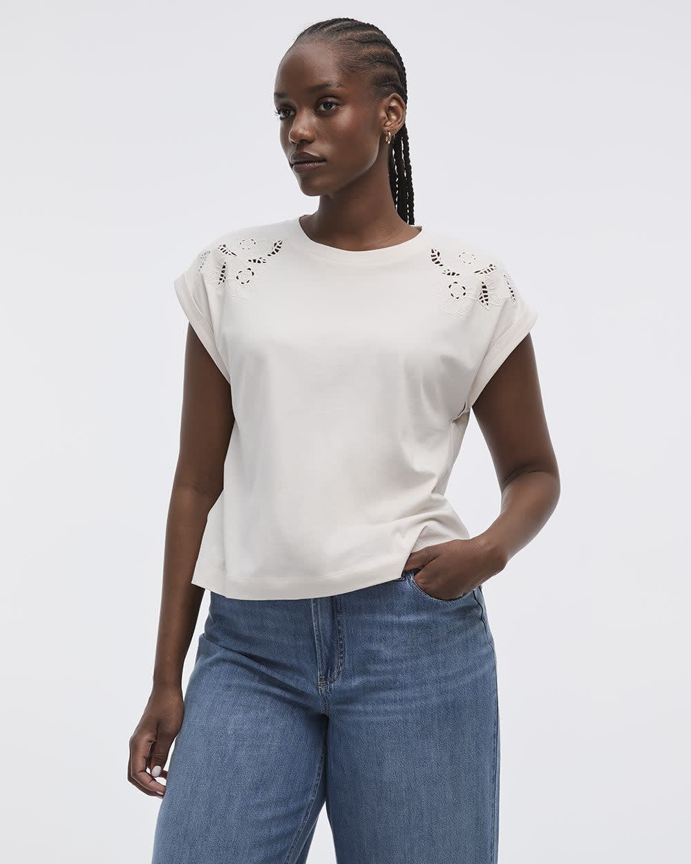 Extended-Sleeve Crew-Neck Tee with Crochet Details