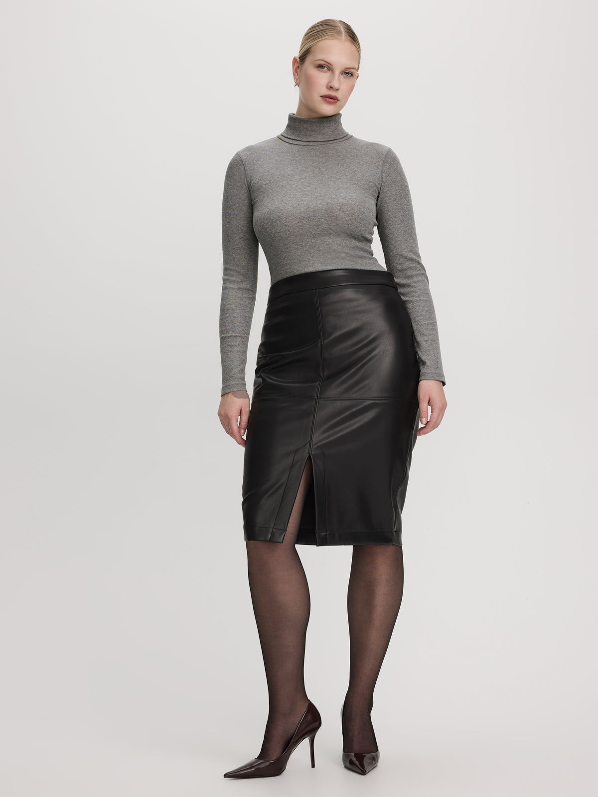 Faux Leather Pencil Midi Skirt