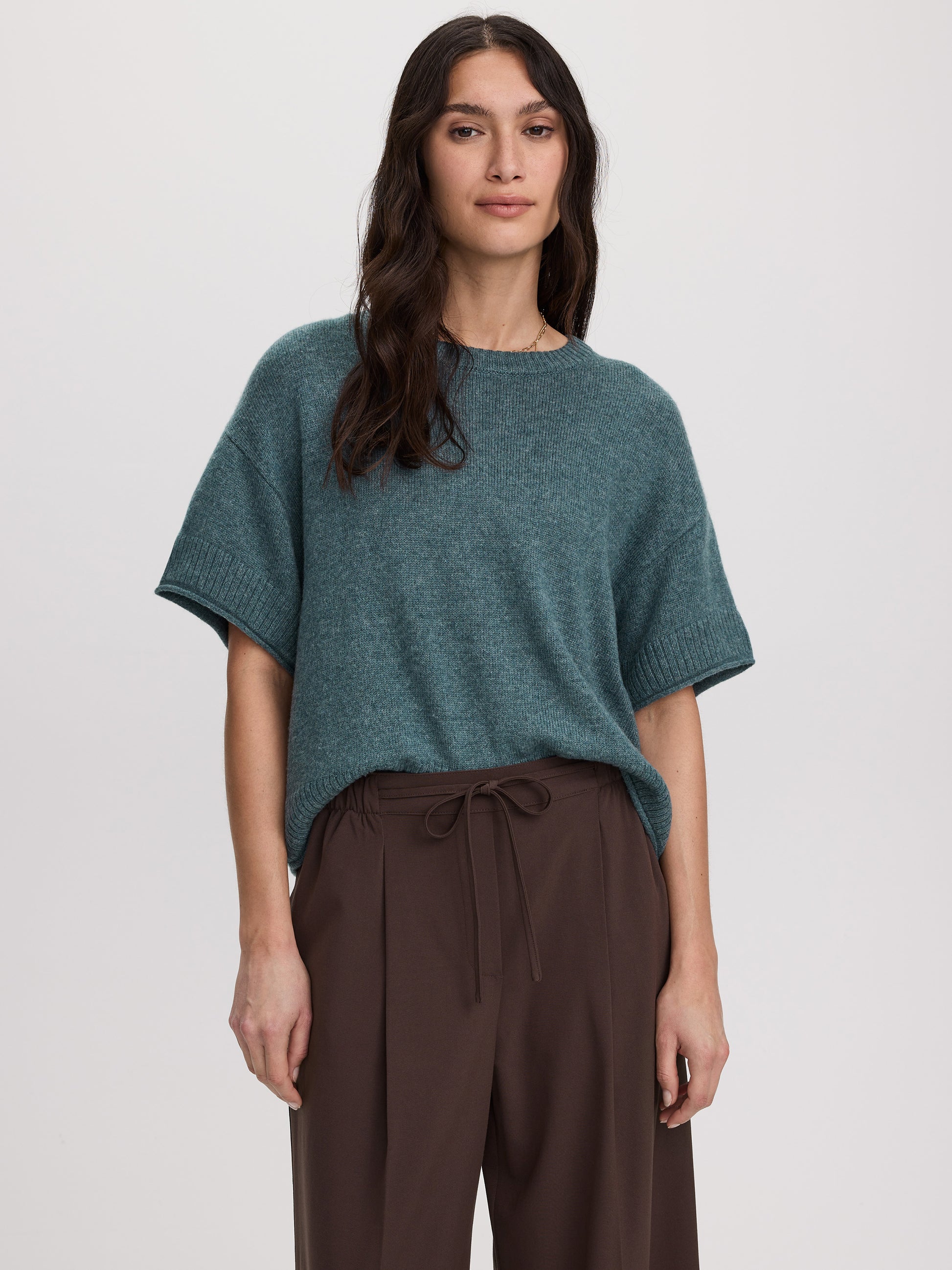 Cashmere-Blend Short-Sleeve Crew-Neck Loose Sweater