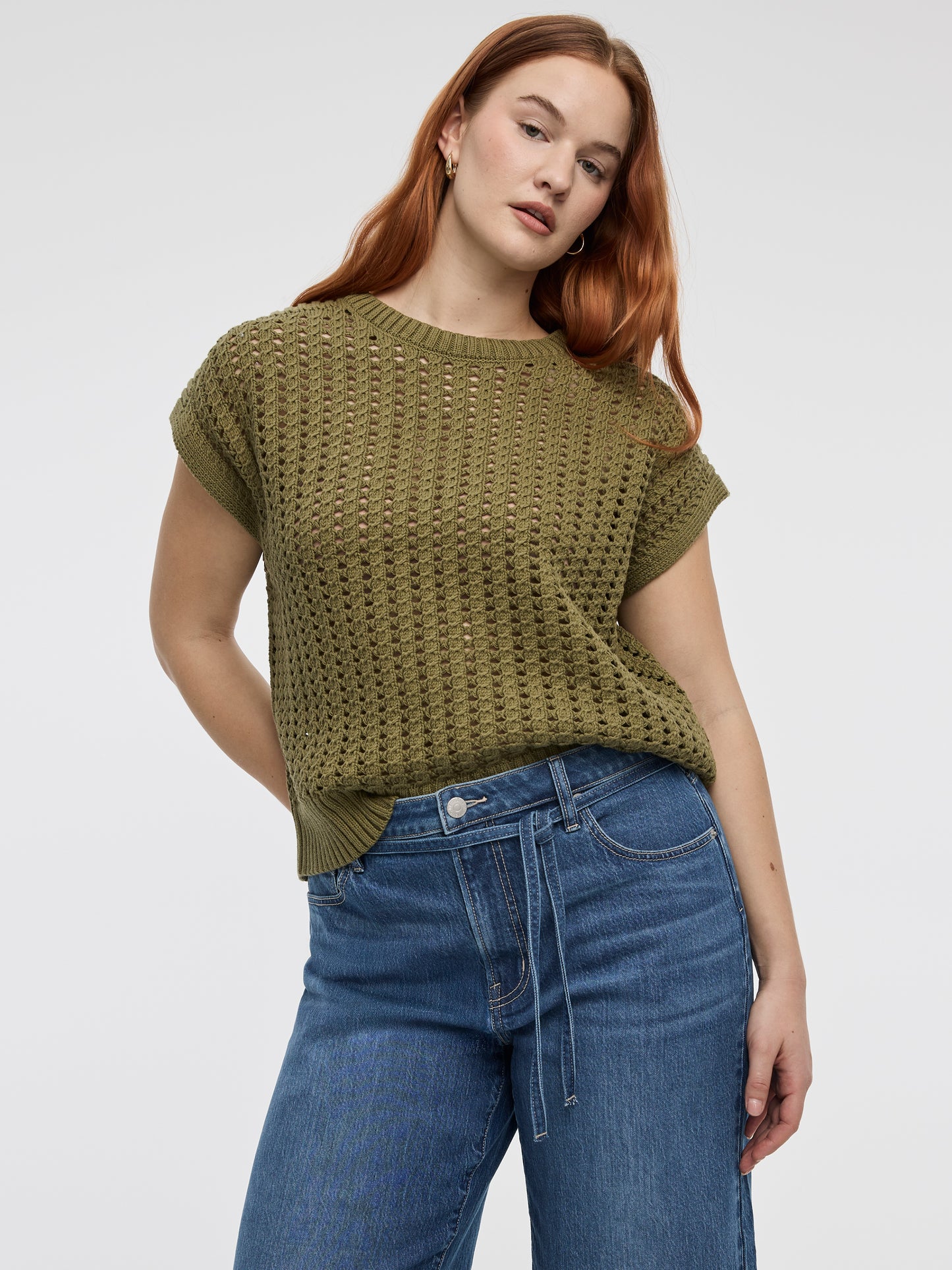 Extended-Sleeve Crew-Neck Sweater with Open Stitches