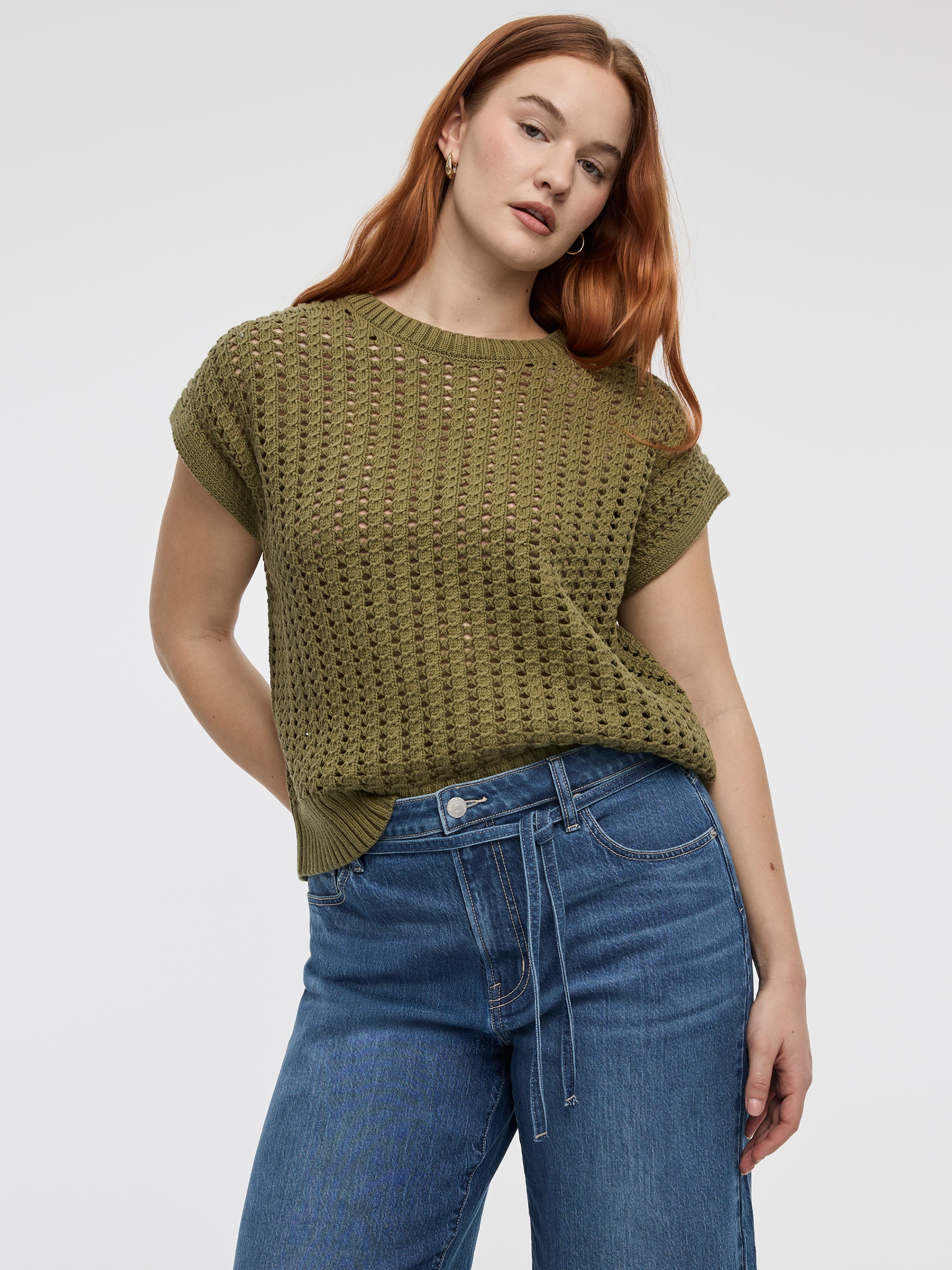 Extended-Sleeve Crew-Neck Sweater with Open Stitches