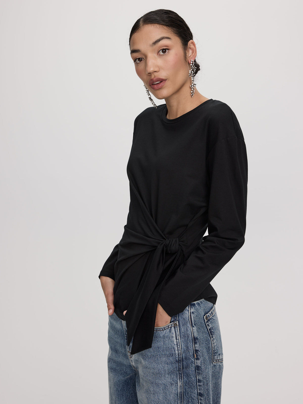 Long-Sleeve Top with Tie at Waist