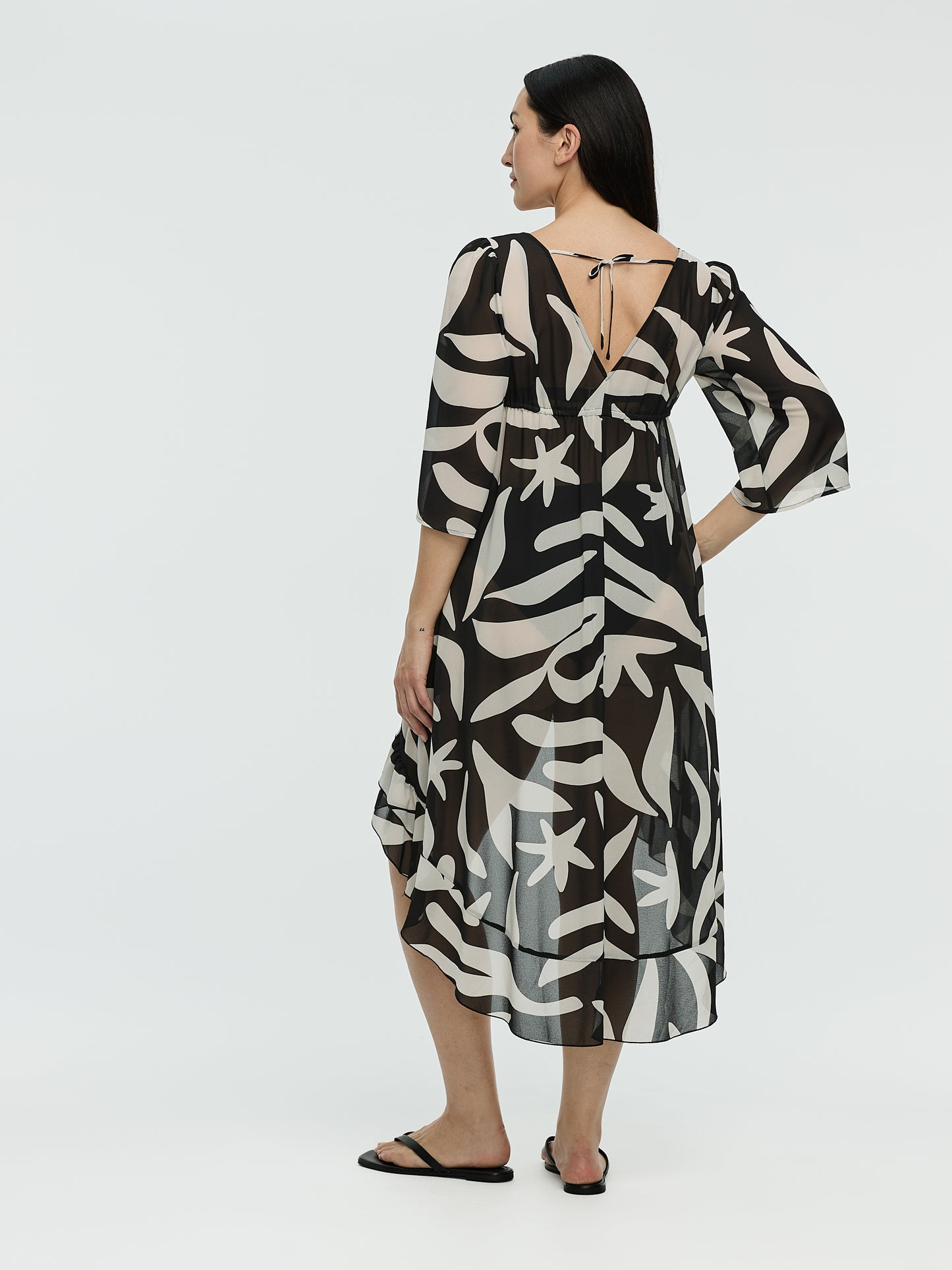 Long-Sleeve V-Neck Maxi Dress with High-Low Hem