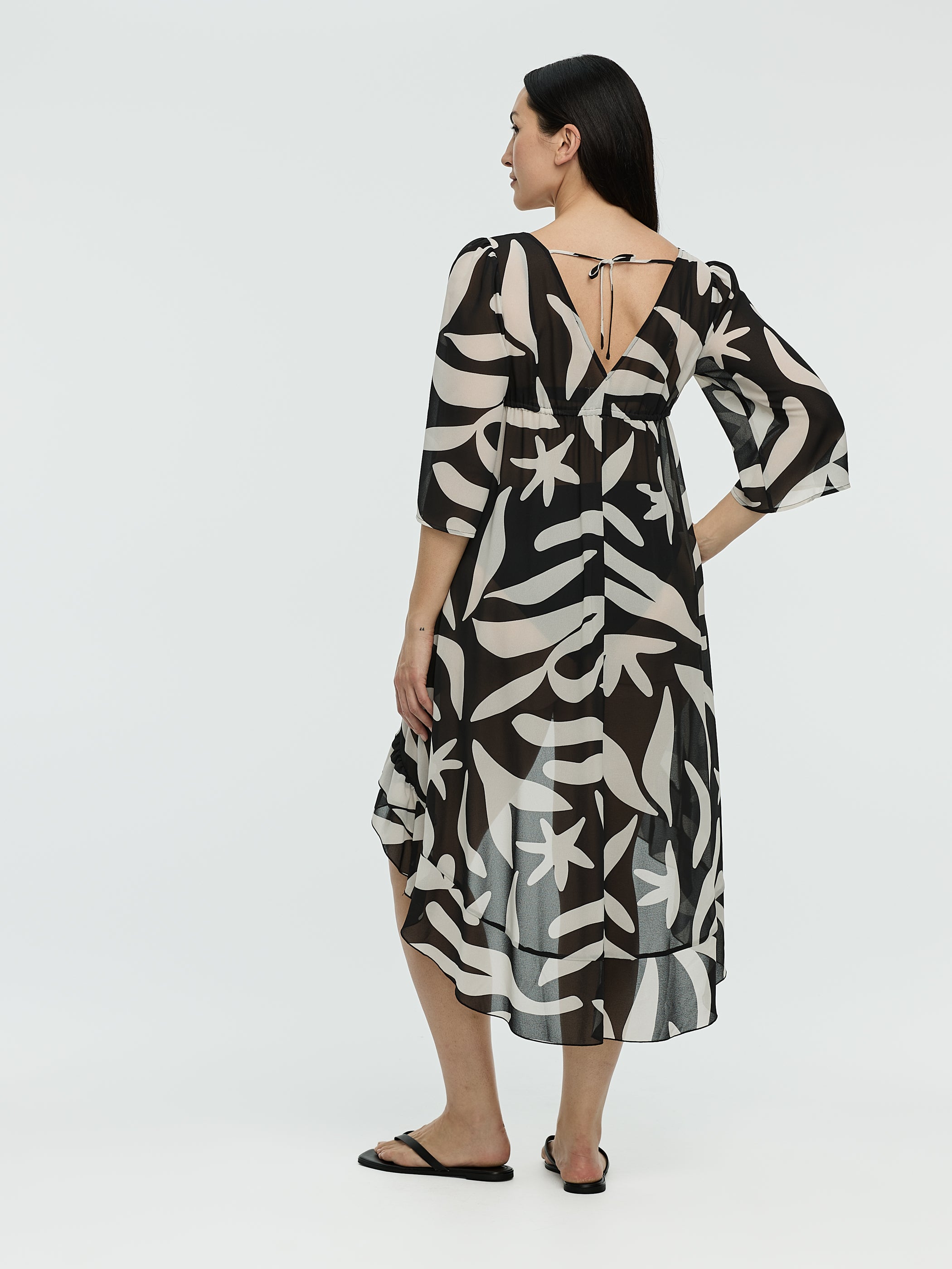 Long-Sleeve V-Neck Maxi Dress with High-Low Hem