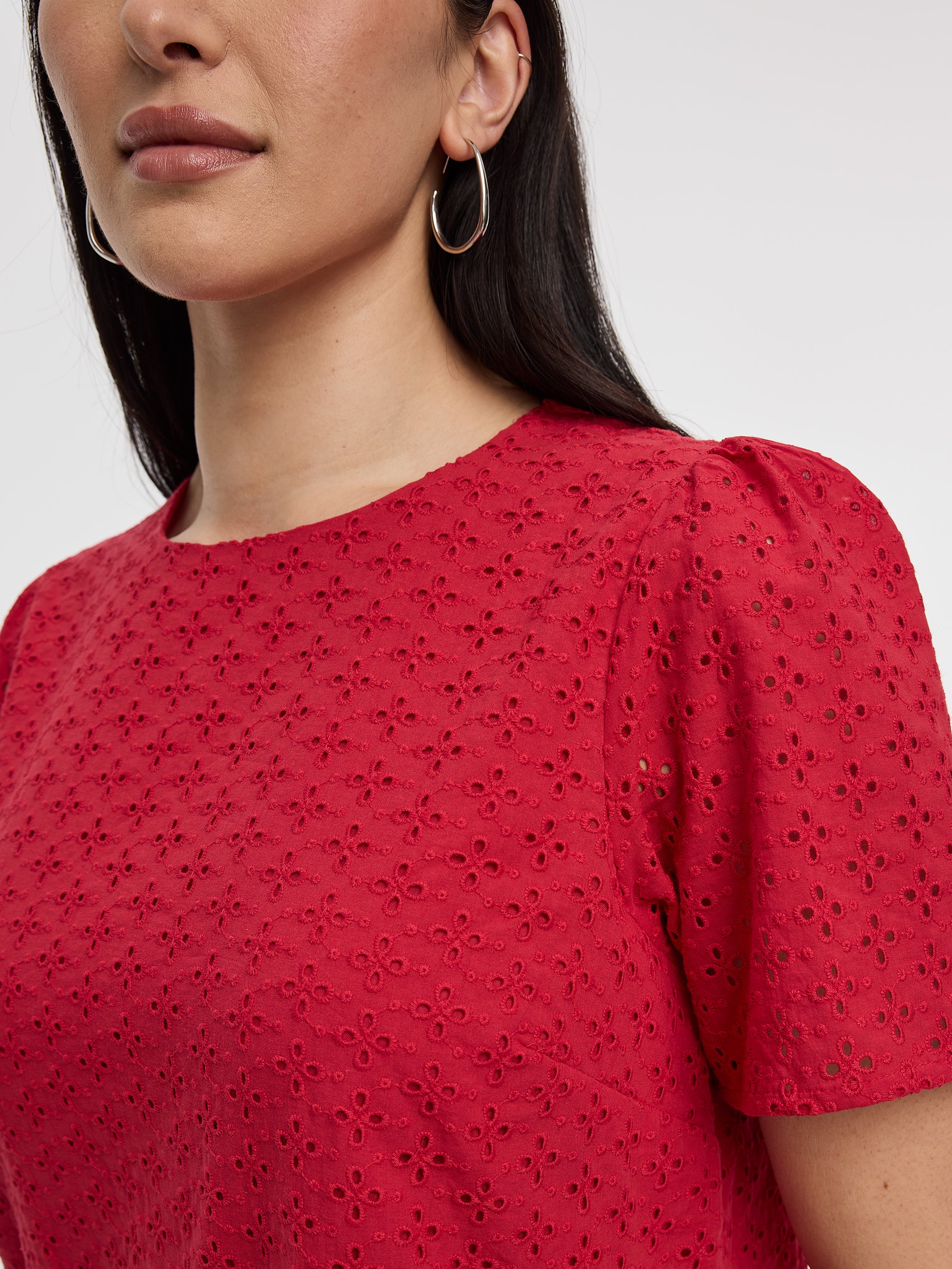 Short-Sleeve Crew-Neck Eyelet Dress