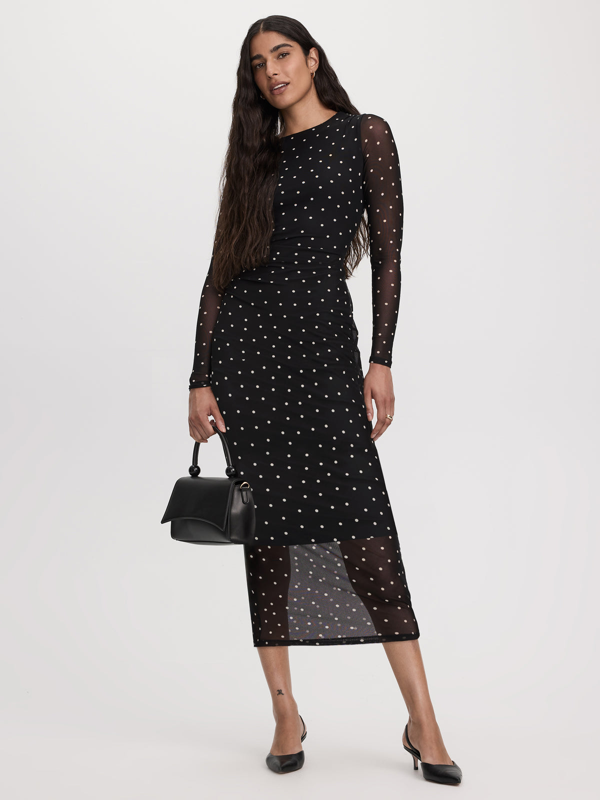 Long-Sleeve Mesh Midi Dress with Side Shirrings
