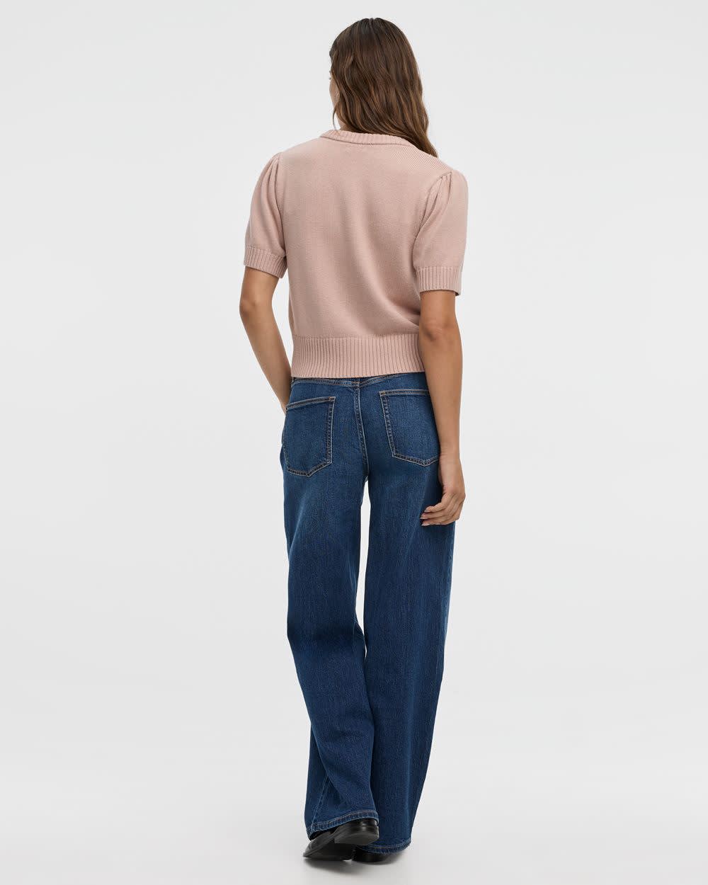 Short-Balloon-Sleeve Crew-Neck Cardigan