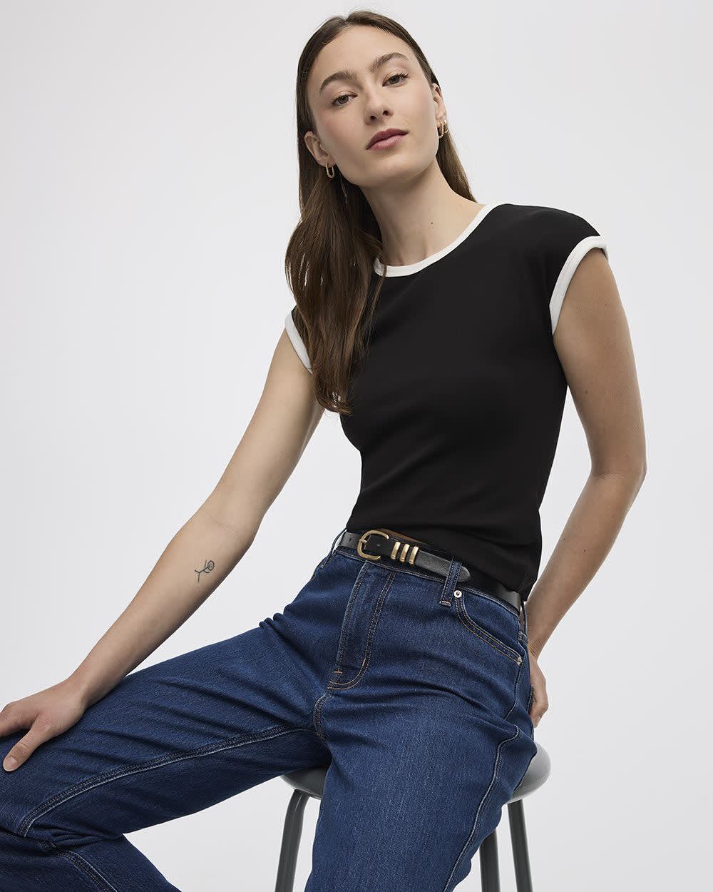 Extended-Sleeve Crew-Neck Ribbed Top