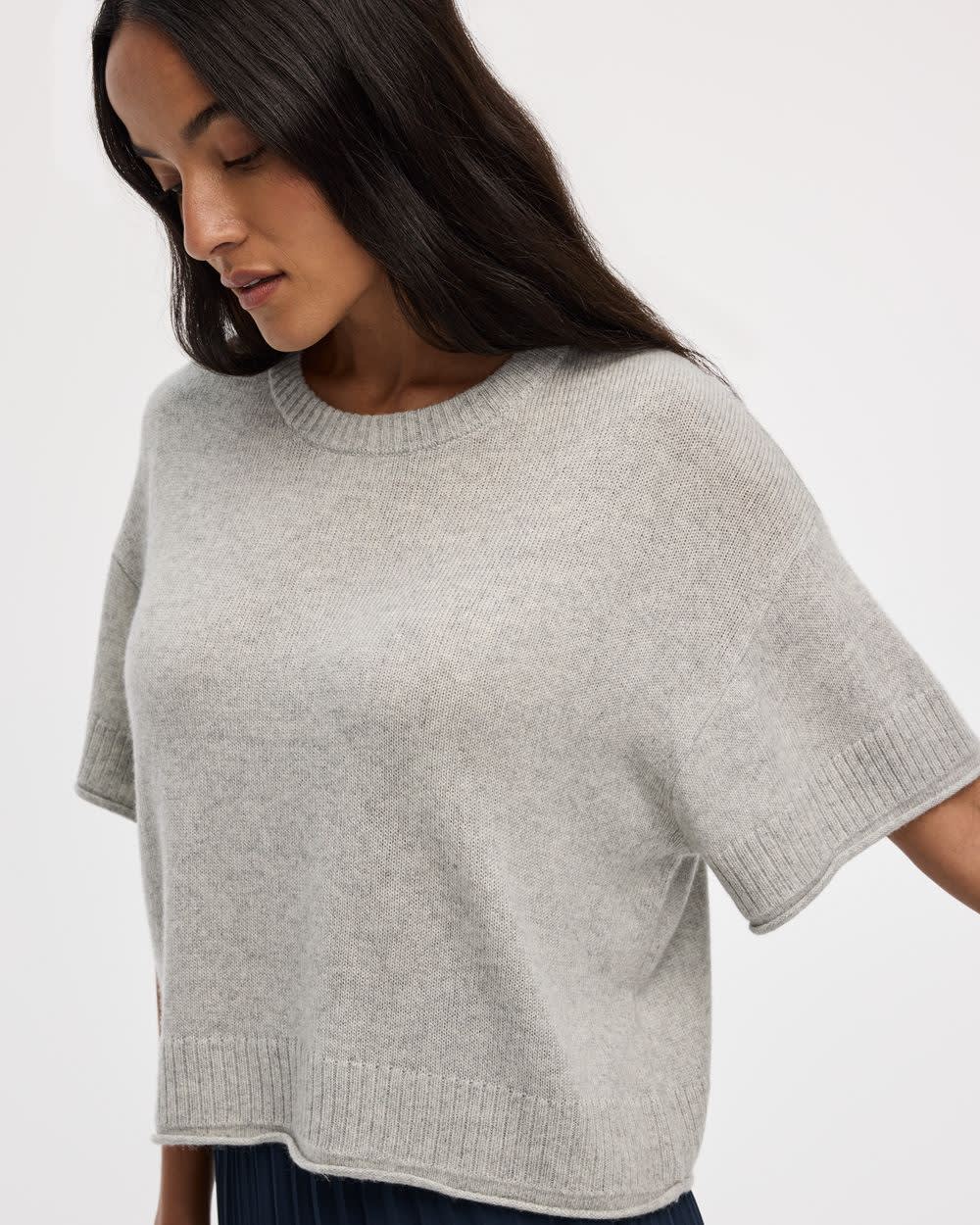 Cashmere-Blend Short-Sleeve Crew-Neck Loose Sweater