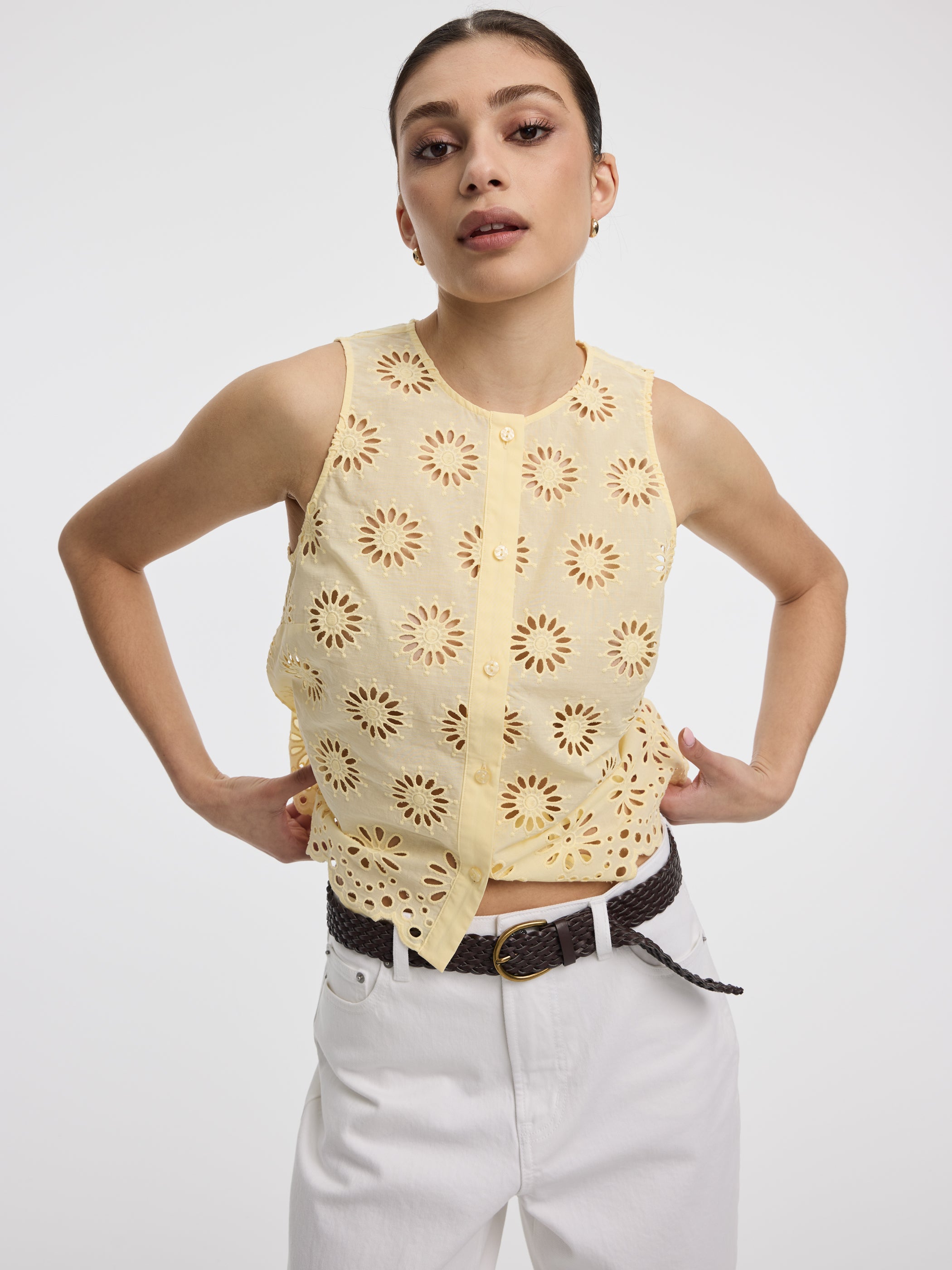 Crew-Neck Buttoned Tank with Eyelets