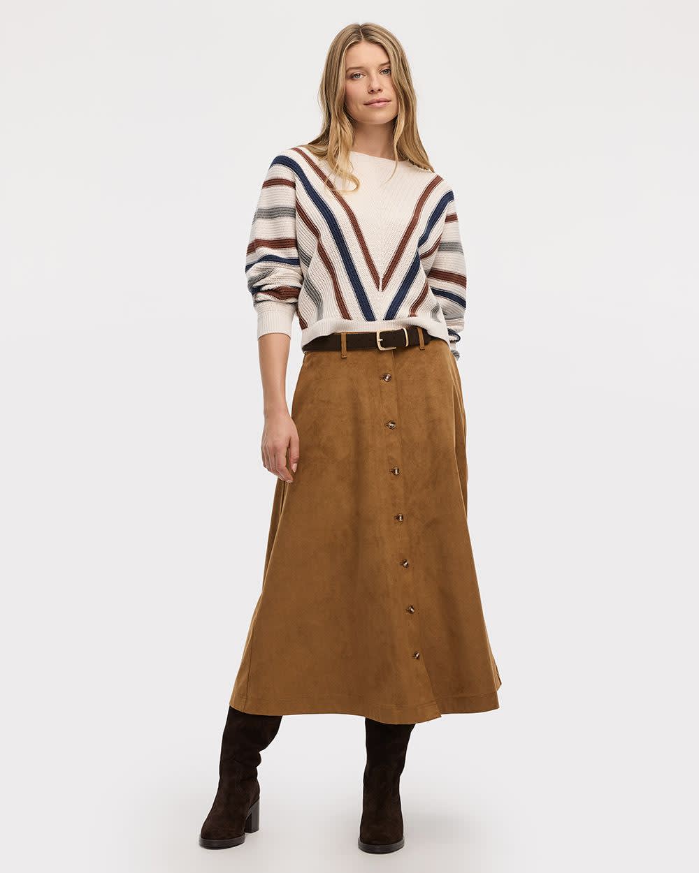 Faux-Suede A-Line Midi Skirt with Buttons