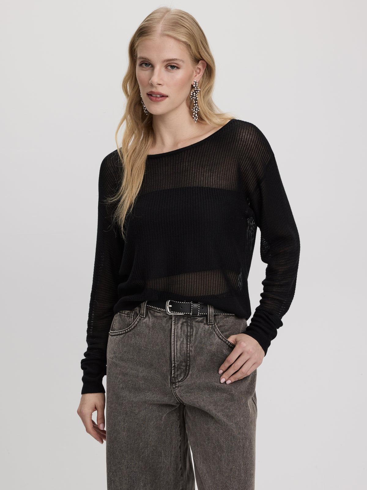 Semi-Sheer Long-Sleeve Boat-Neck Sweater