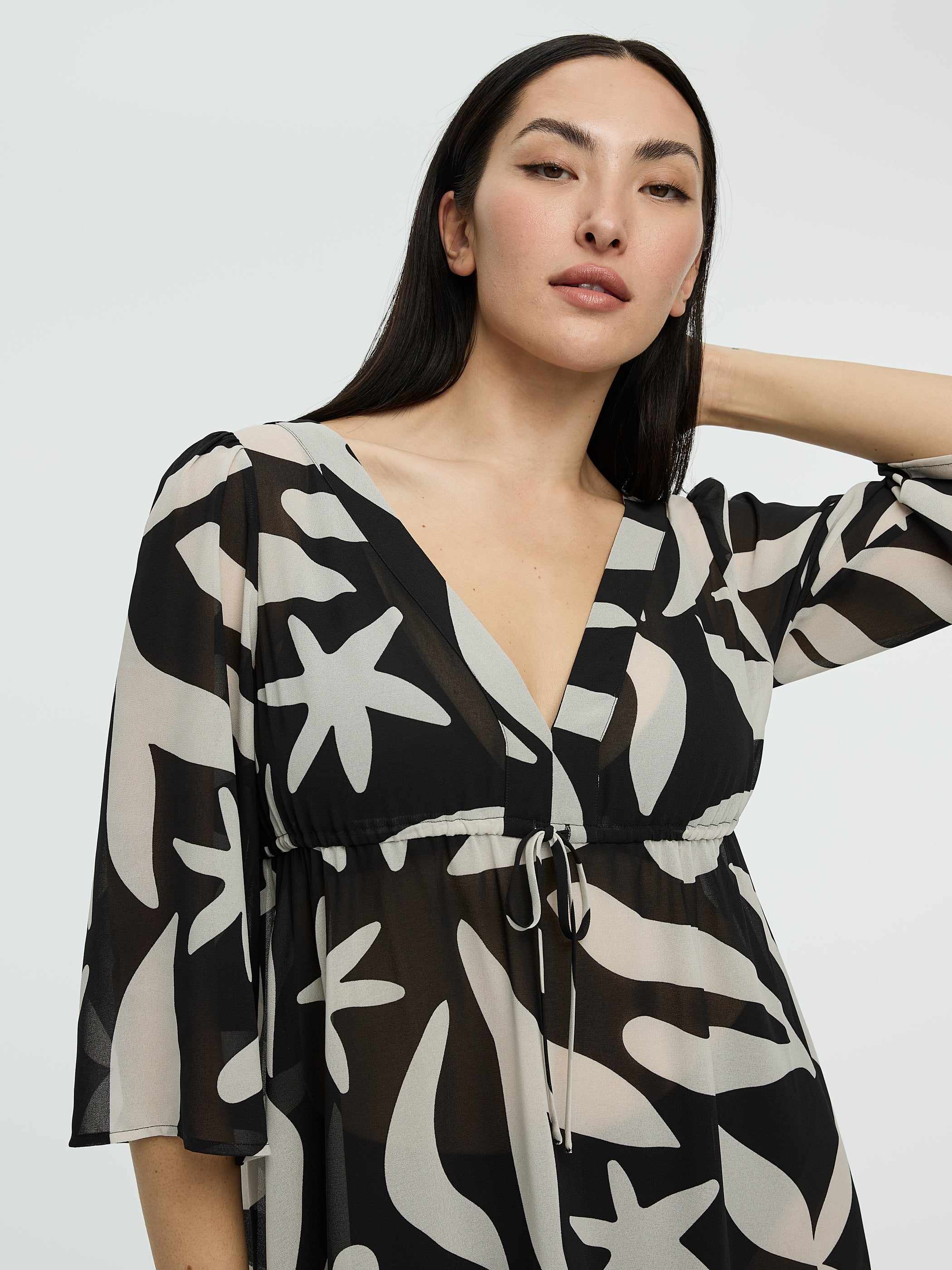 Long-Sleeve V-Neck Maxi Dress with High-Low Hem