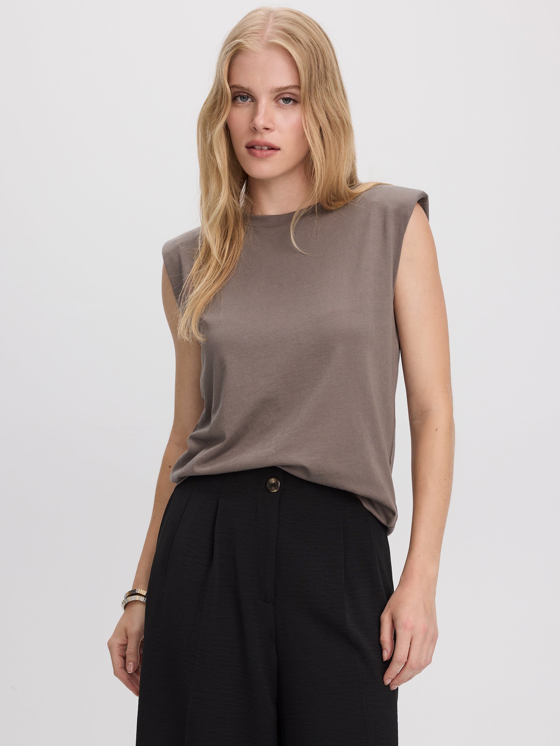 Sleeveless Crew-Neck Top with Shoulder Pads