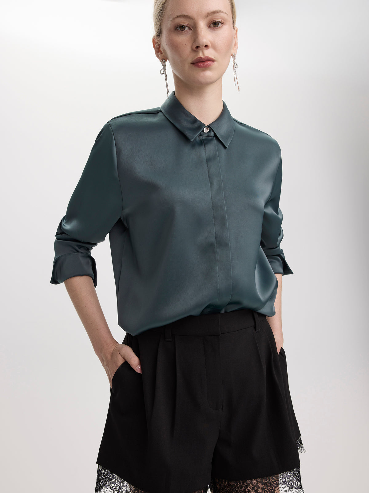 Long-Sleeve Loose Satin Blouse
