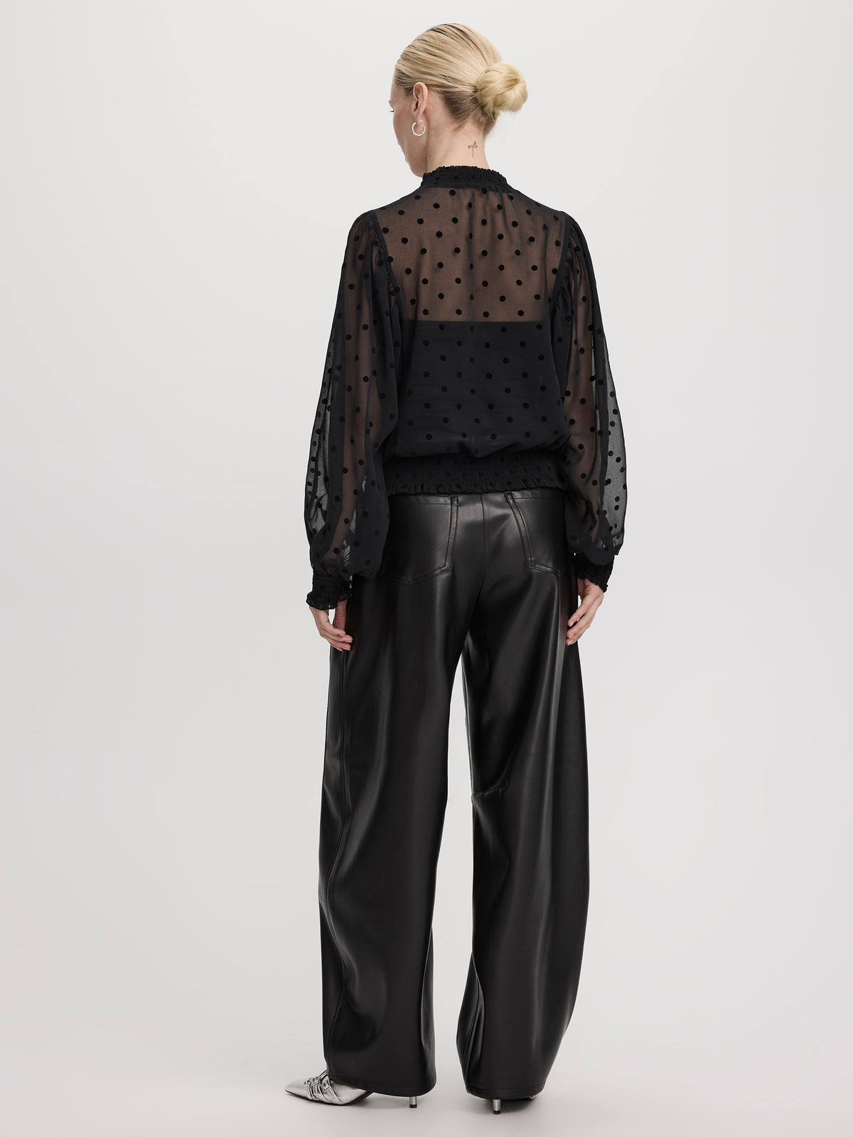 Sheer Long-Sleeve Mock-Neck Blouse with Dots
