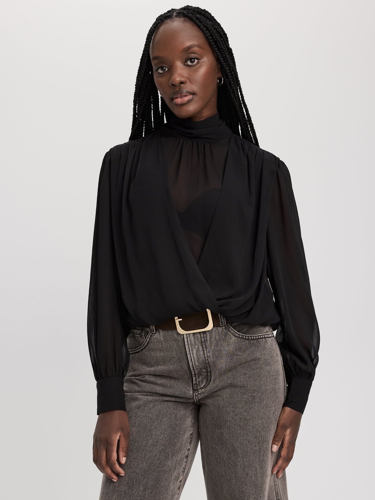 Long-Sleeve Wrap Blouse with Mock Neckline