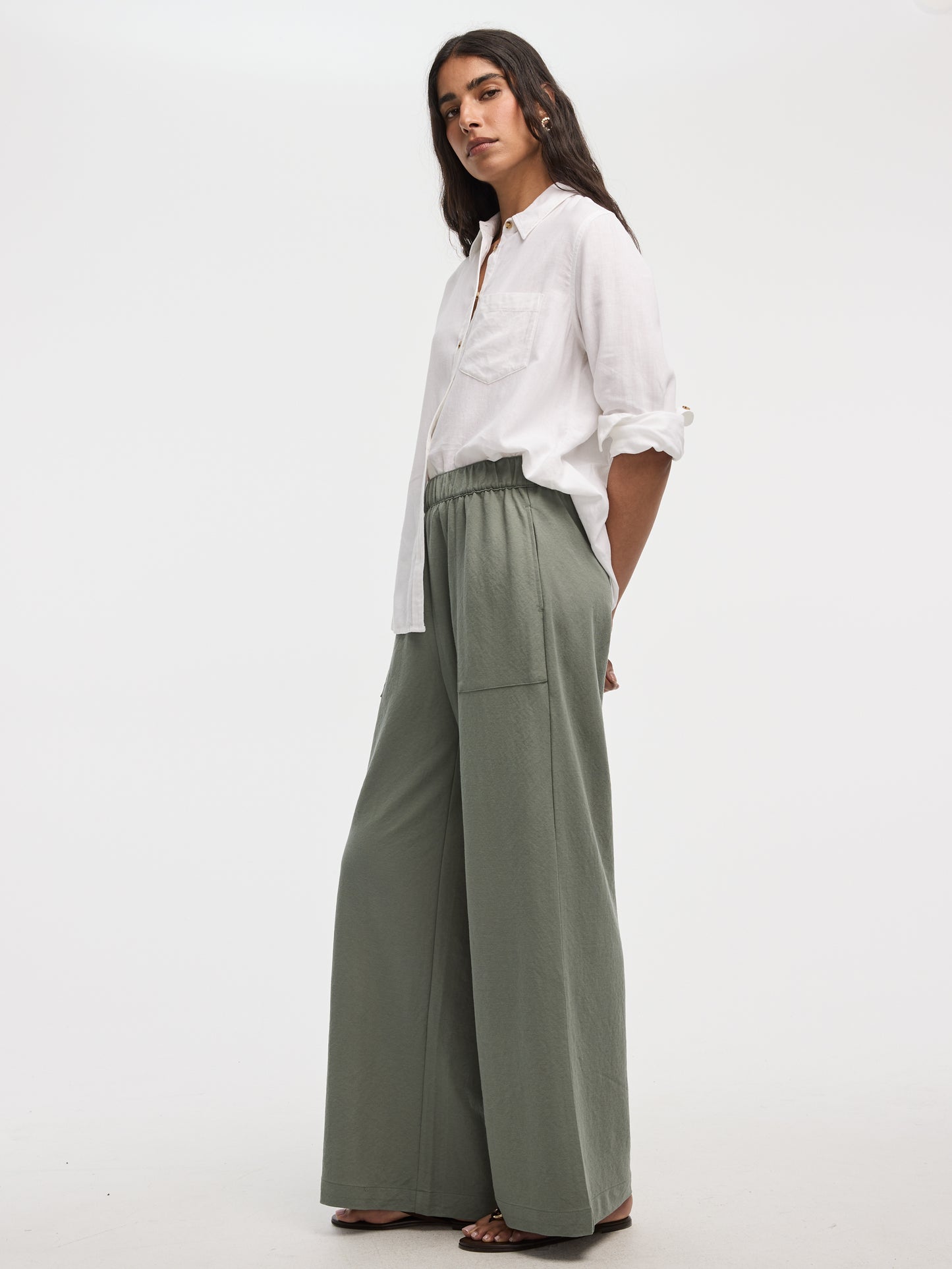 Wide-Leg High-Rise Pull-On Piqué Pant