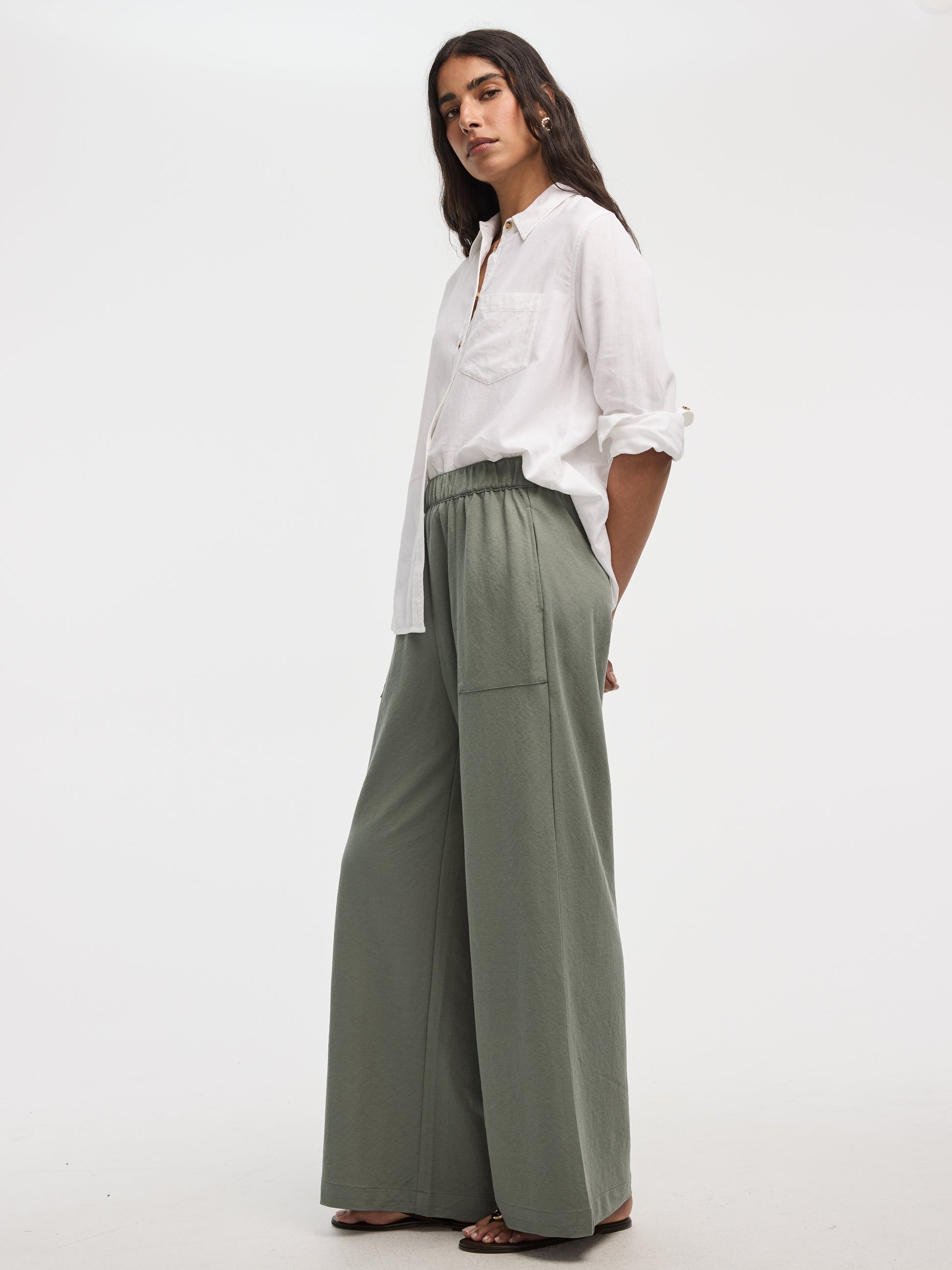 Wide-Leg High-Rise Pull-On Piqué Pant