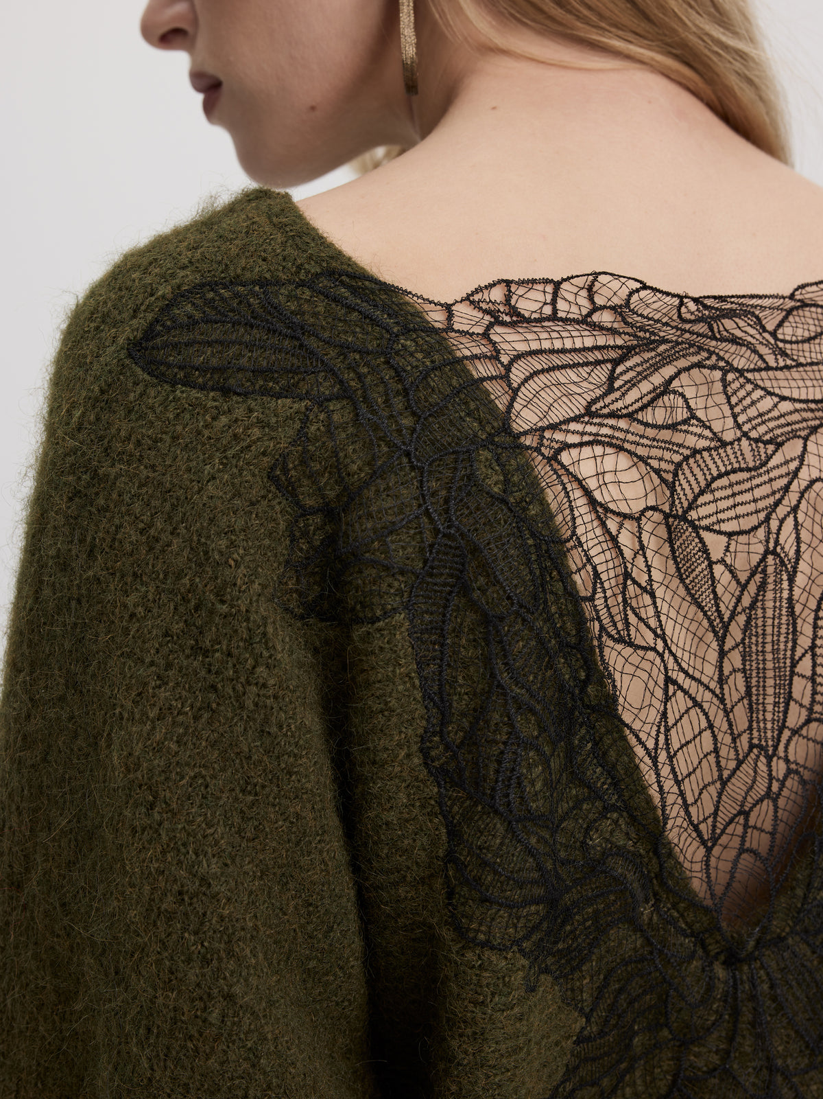 Long-Sleeve Boat-Neck Sweater with Lace Insert