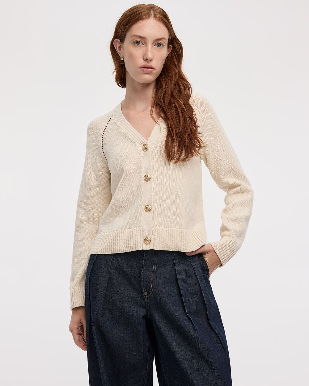 Long-Sleeve V-Neck Buttoned-Down Pointelle Cardigan