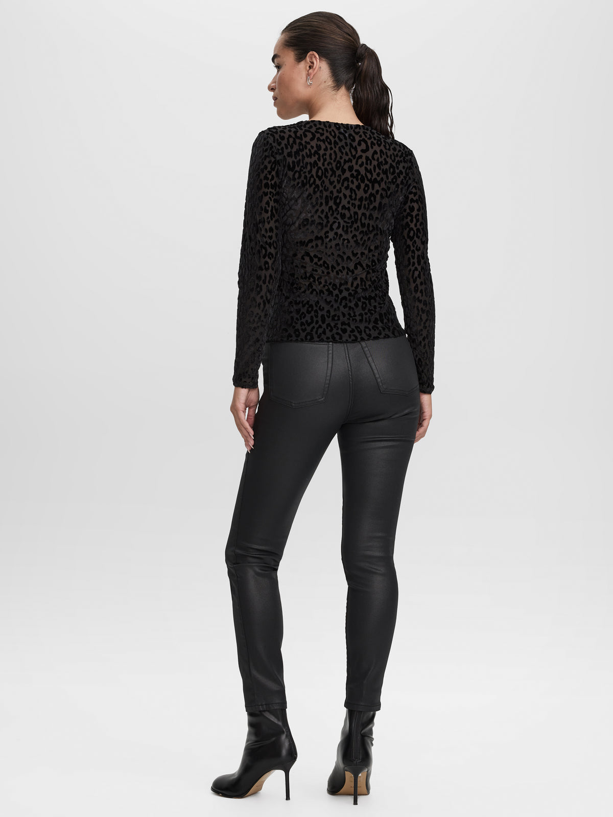 Long-Sleeve Crew-Neck Velvet Top with Burnout Pattern