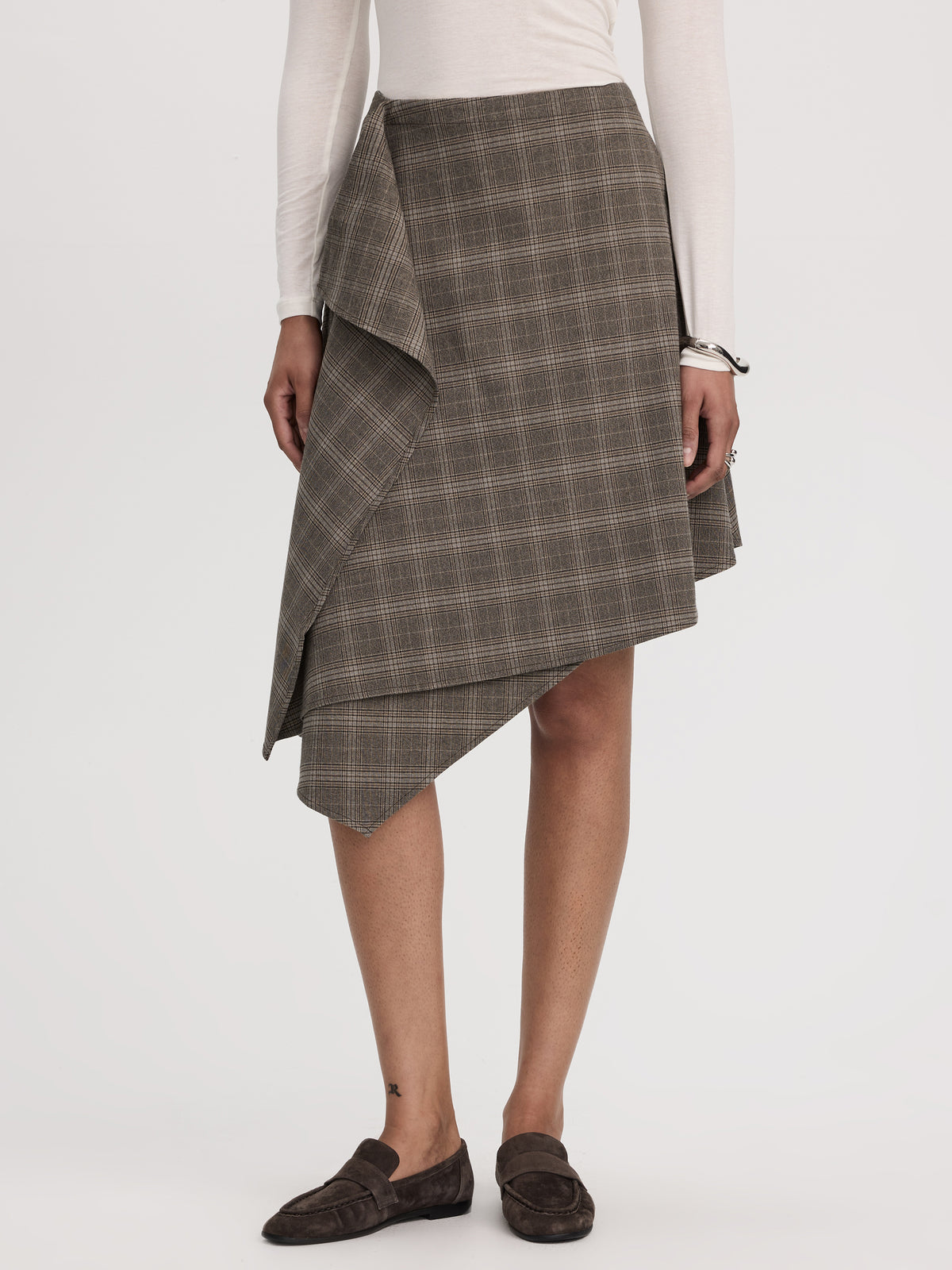 Plaid Midi Skirt with Asymmetrical Hem