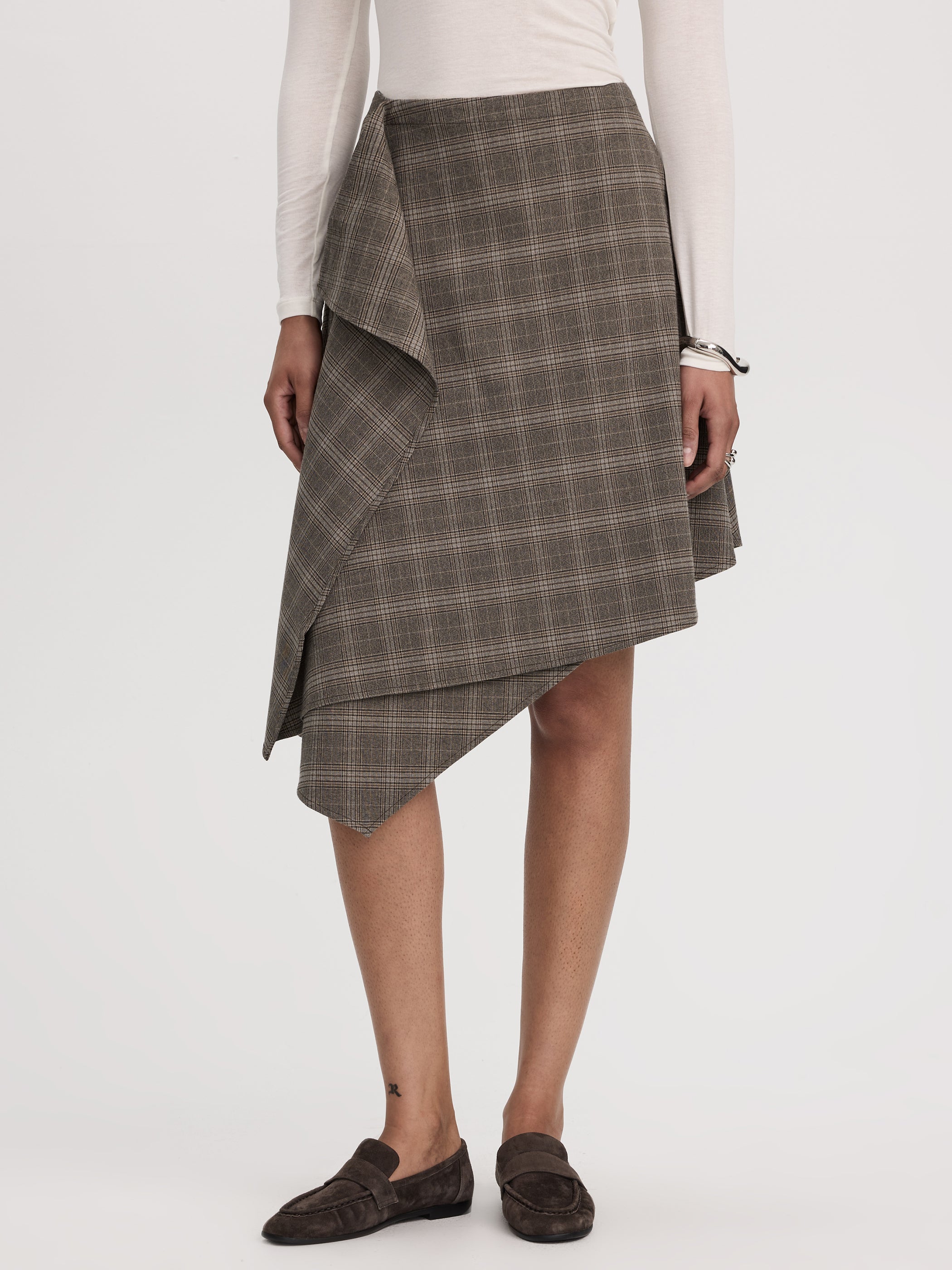 Plaid Midi Skirt with Asymmetrical Hem