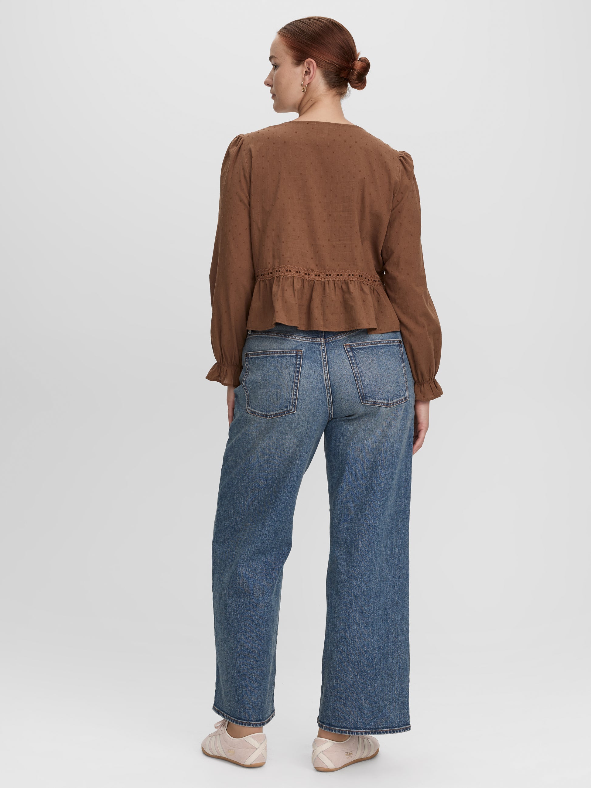 Long-Sleeve V-Neck Blouse with Lace Trims