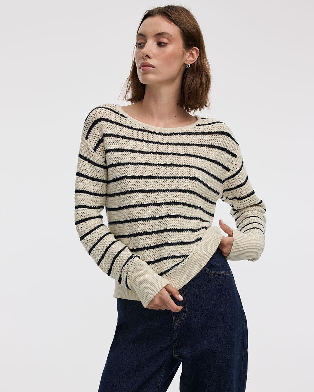 Striped Long-Sleeve Open-Stitch Pullover