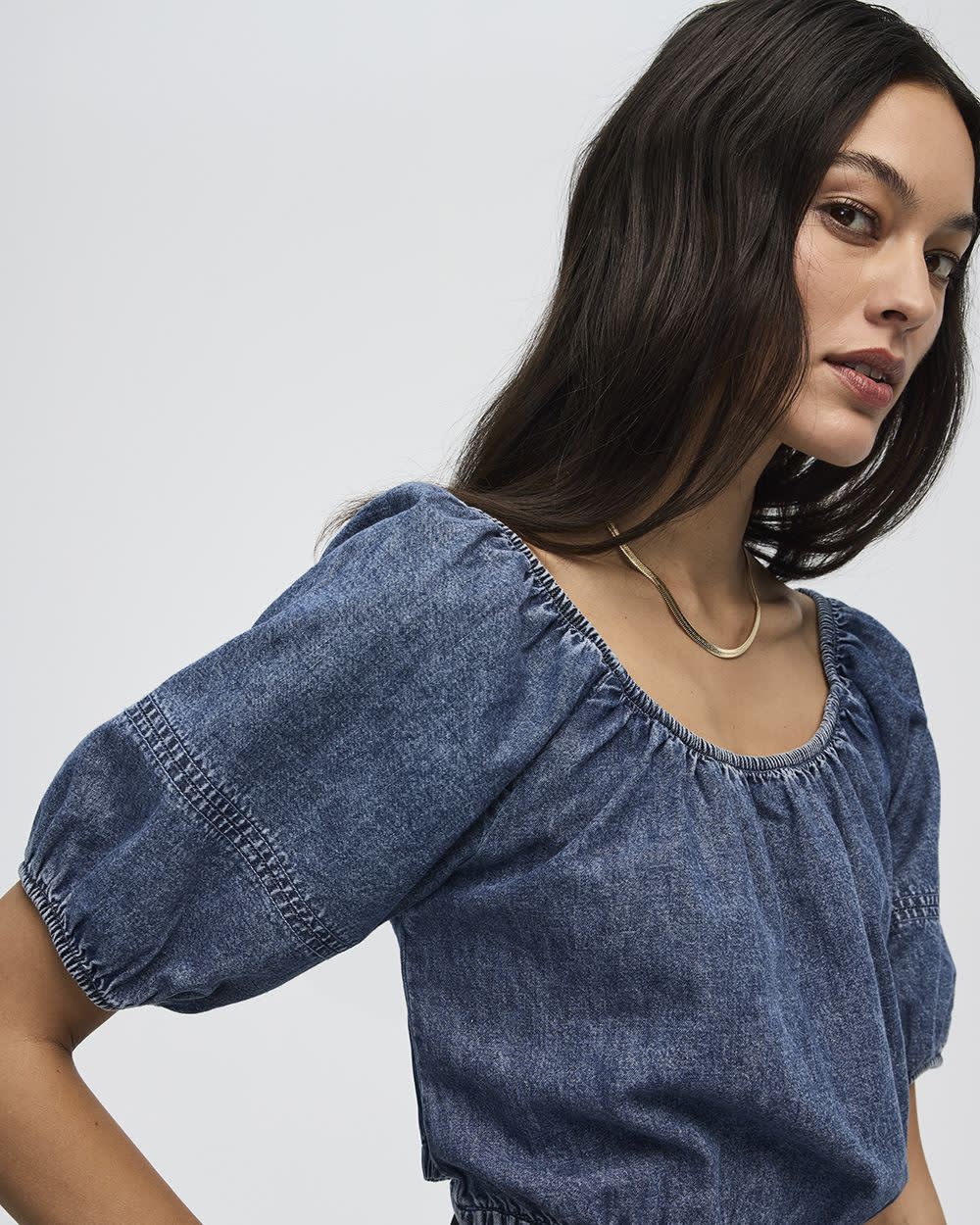 Short-Puffy-Sleeve Denim Top with Boat Neckline