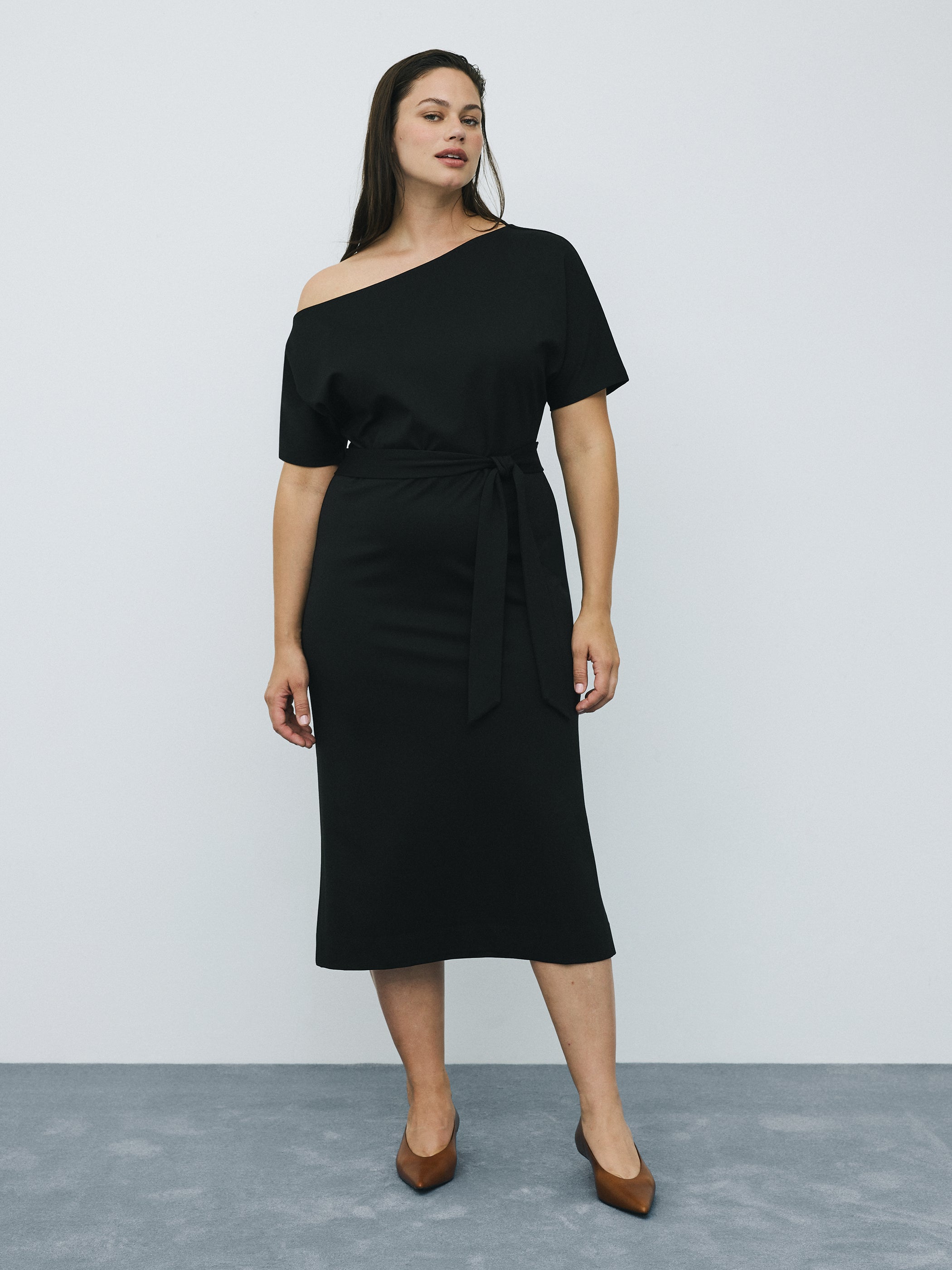 Short-Sleeve Off-the-Shoulder Midi Dress