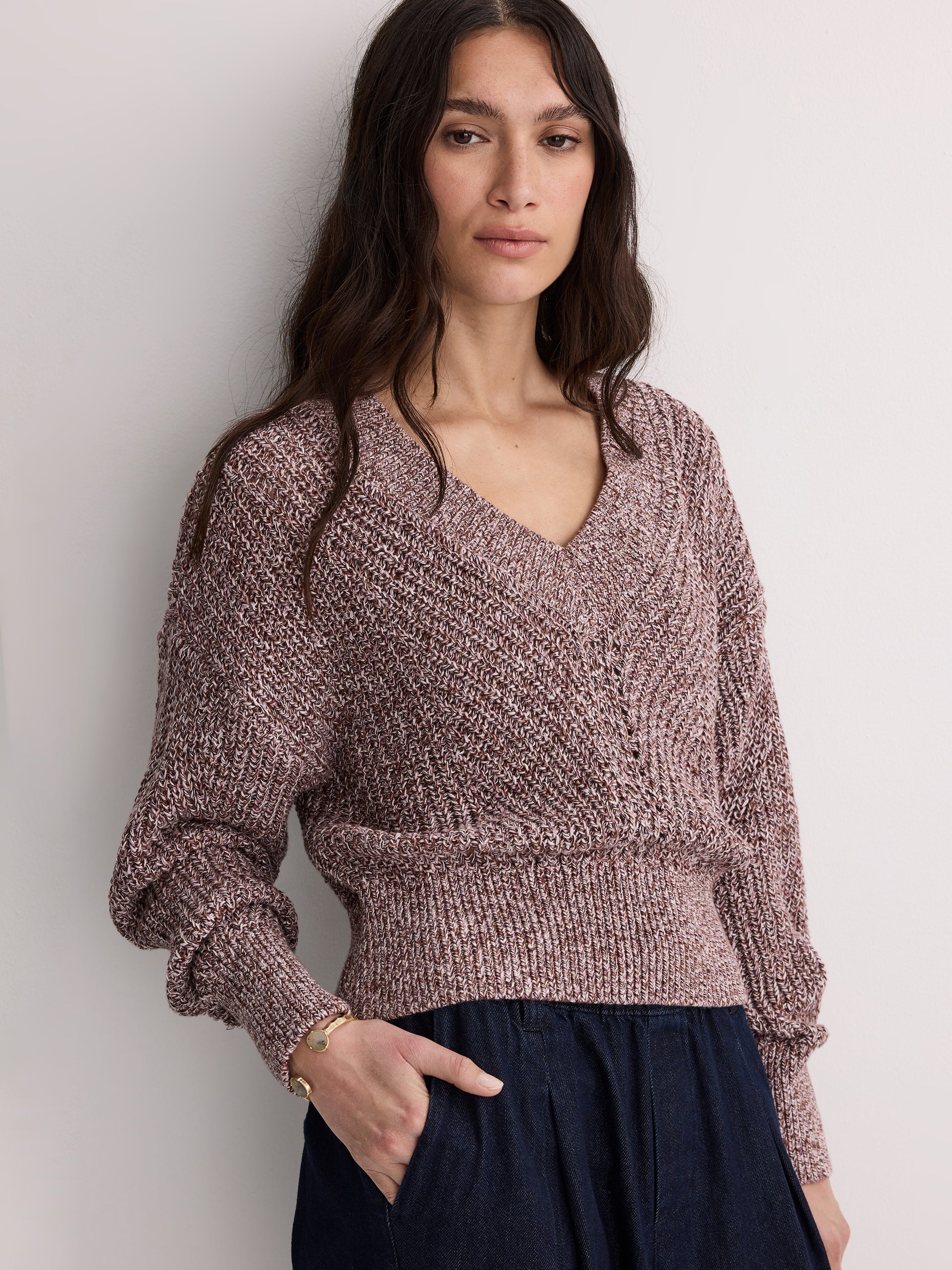 Long-Sleeve V-Neck Sweater with Half-Cardigan Stitches