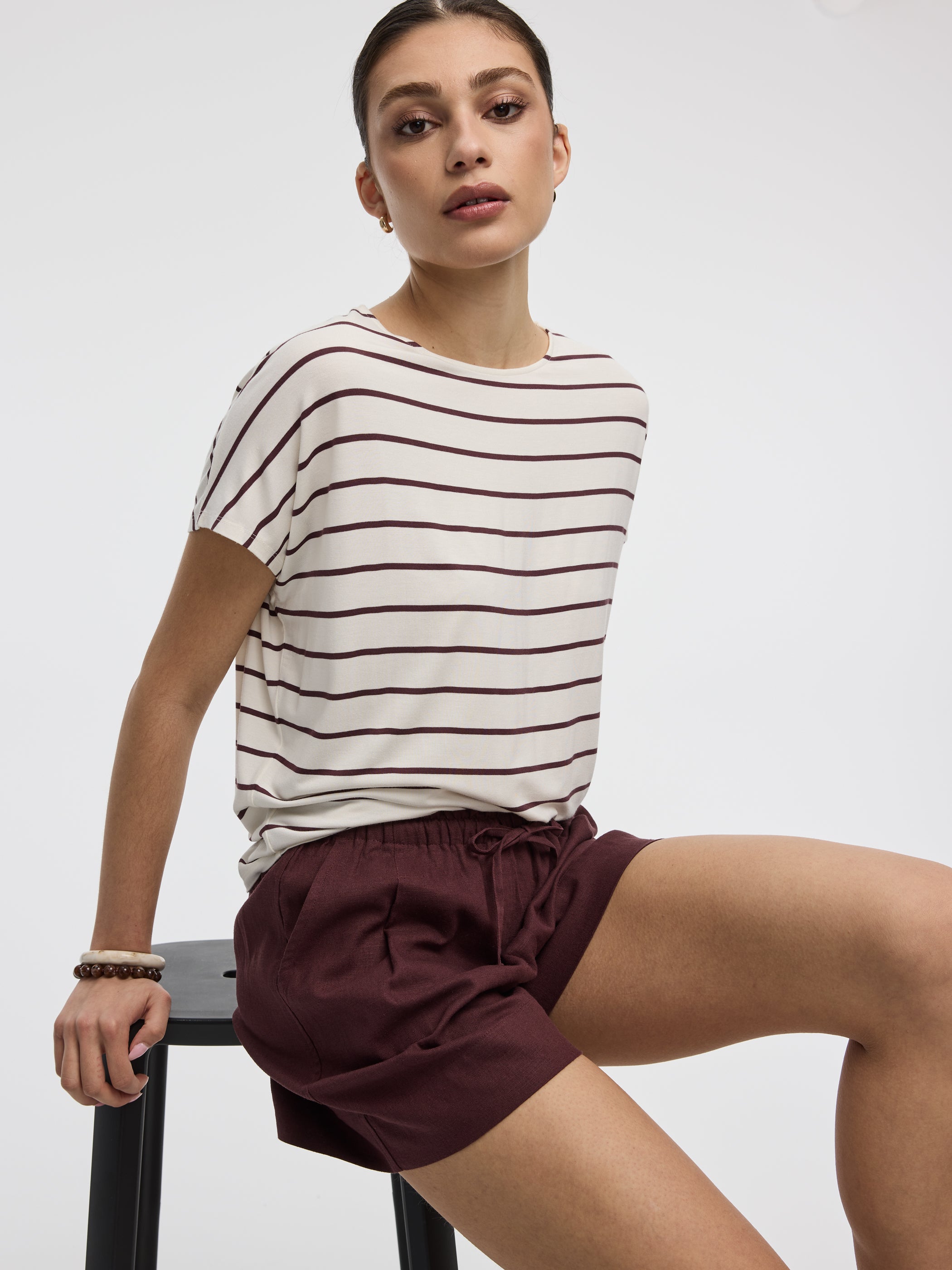 Striped Short-Dolman-Sleeve Boat-Neck T-Shirt