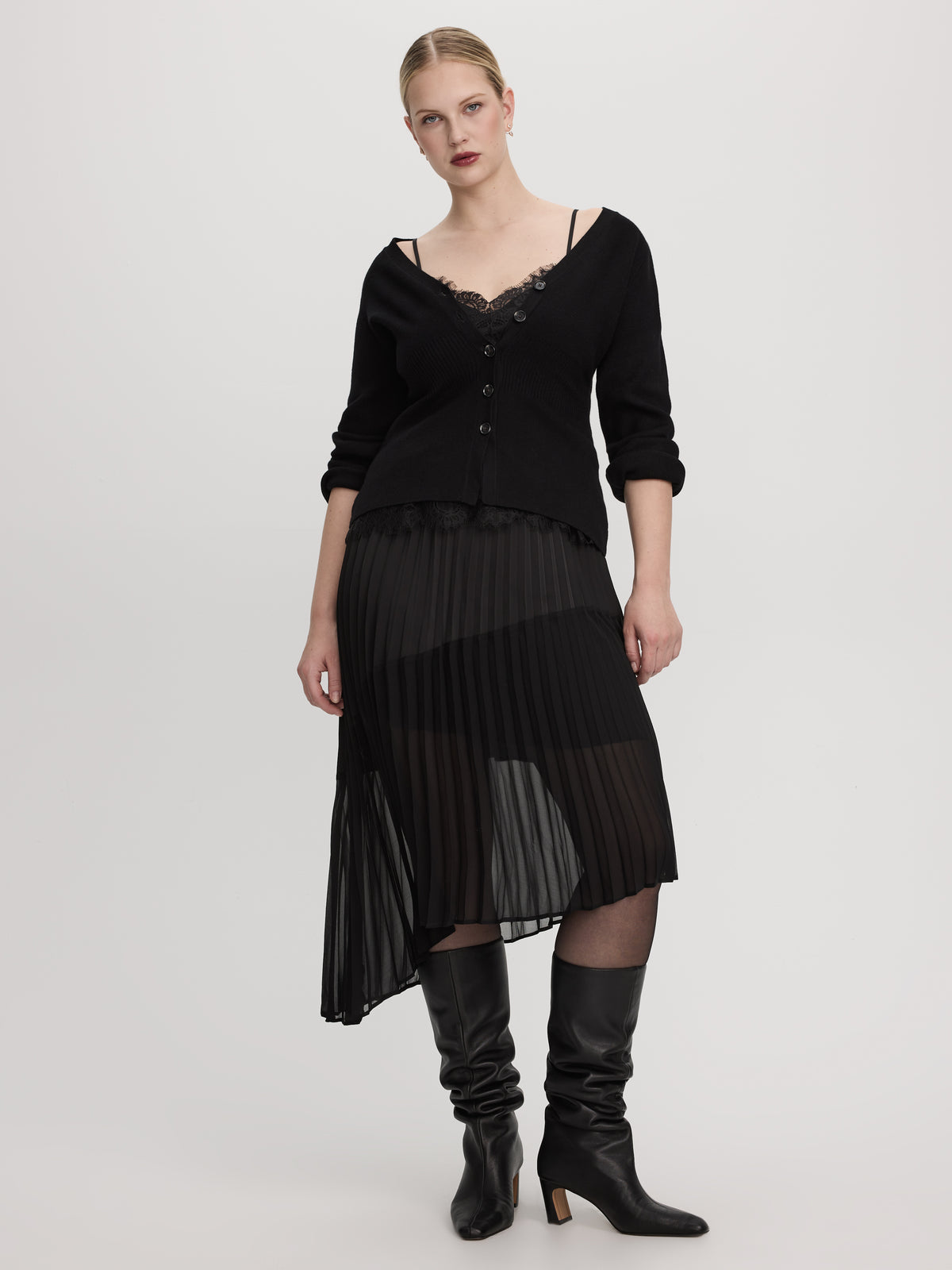 Pleated Midi Skirt with Asymmetrical Hem